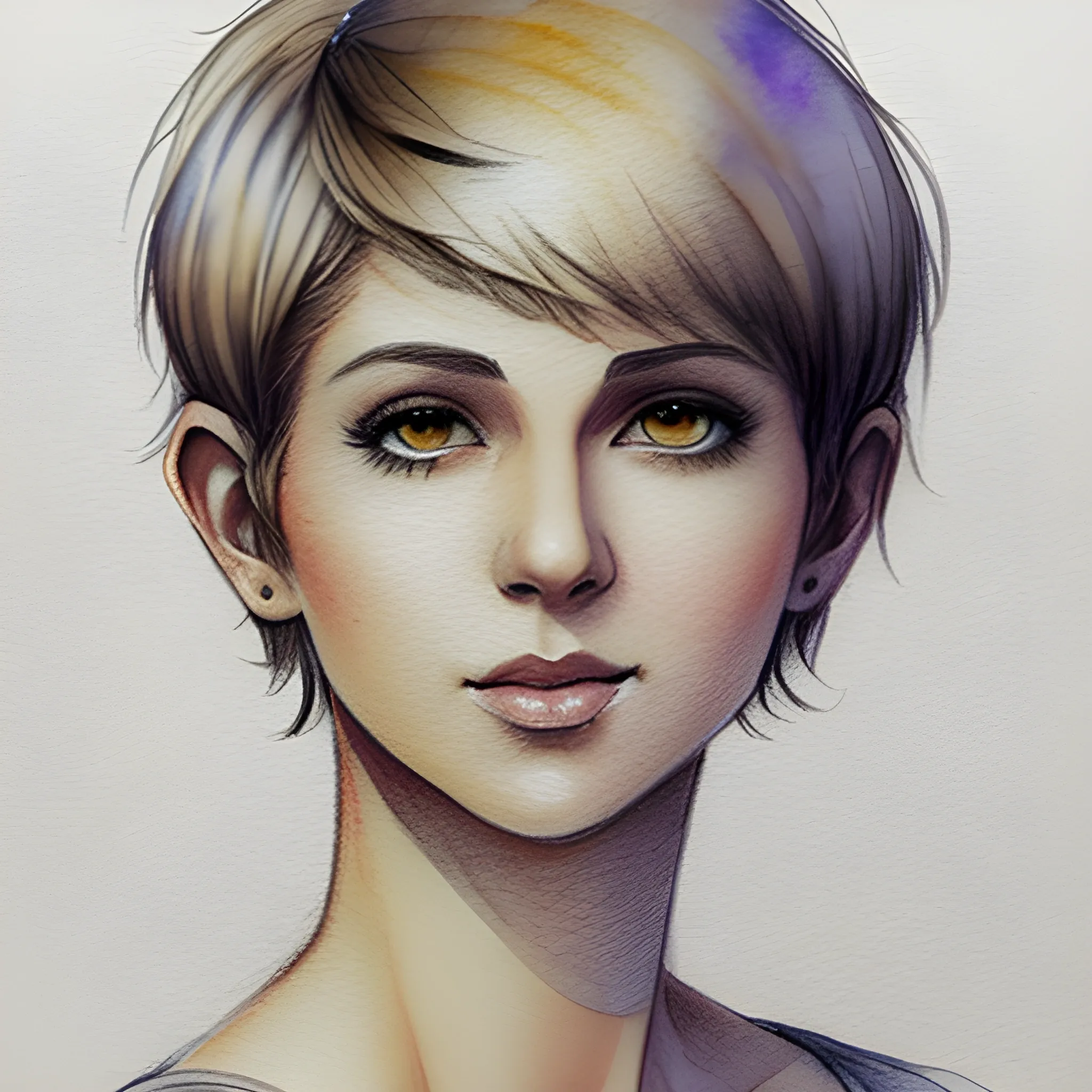 female Cal Kestis, pixie cut, Pencil Sketch, Water Color