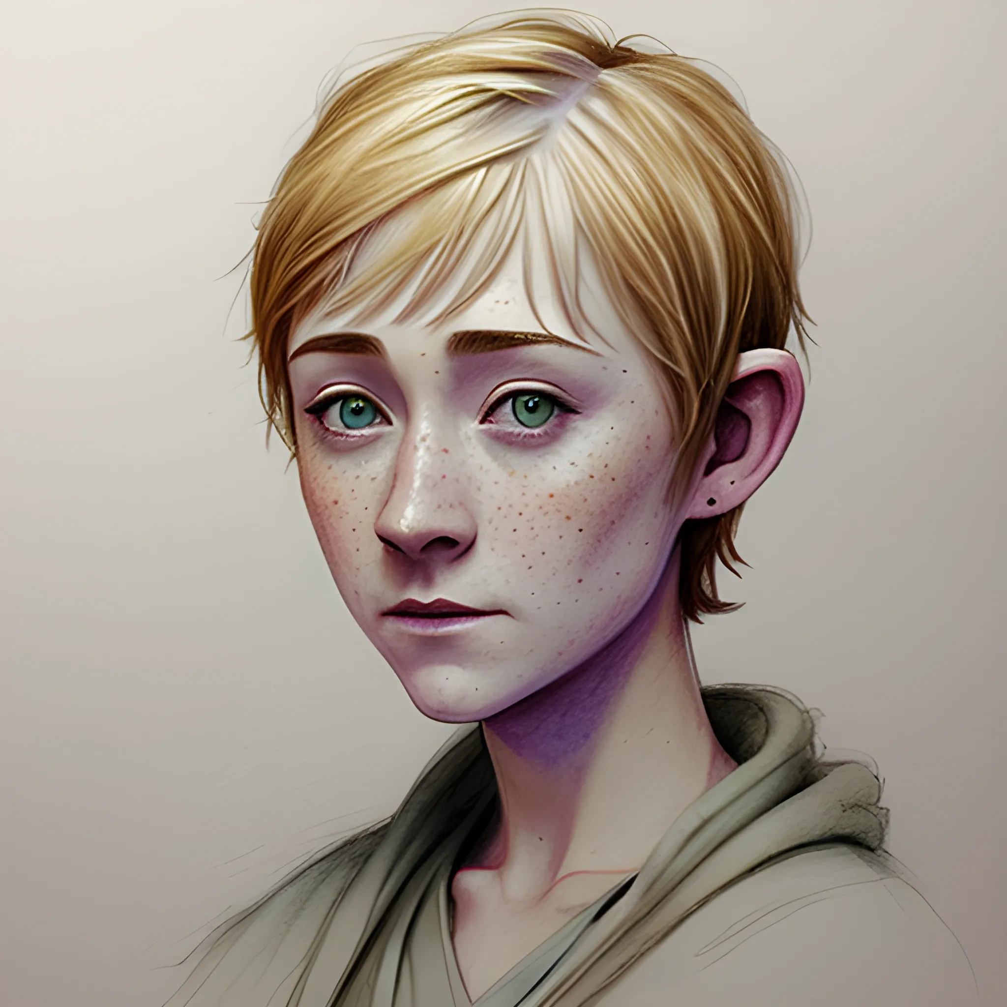 Jedi Padawan, pixie cut, based on Saoirse Ronan, confident, freckles, Pencil Sketch, Water Color

