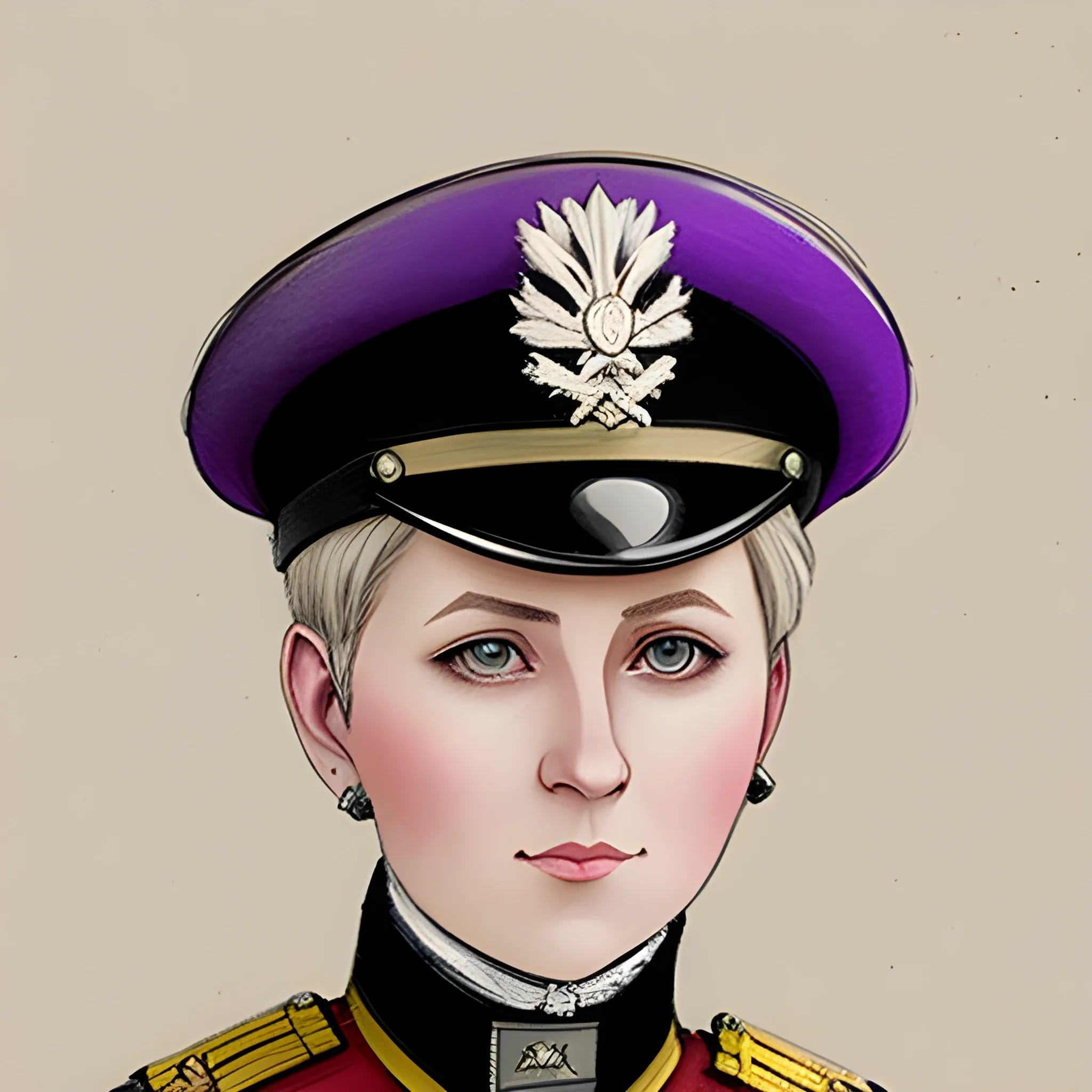 

Based on Ivanna Sakhno, Short hair, 19th century purple military uniform, Pencil Sketch, Water Color