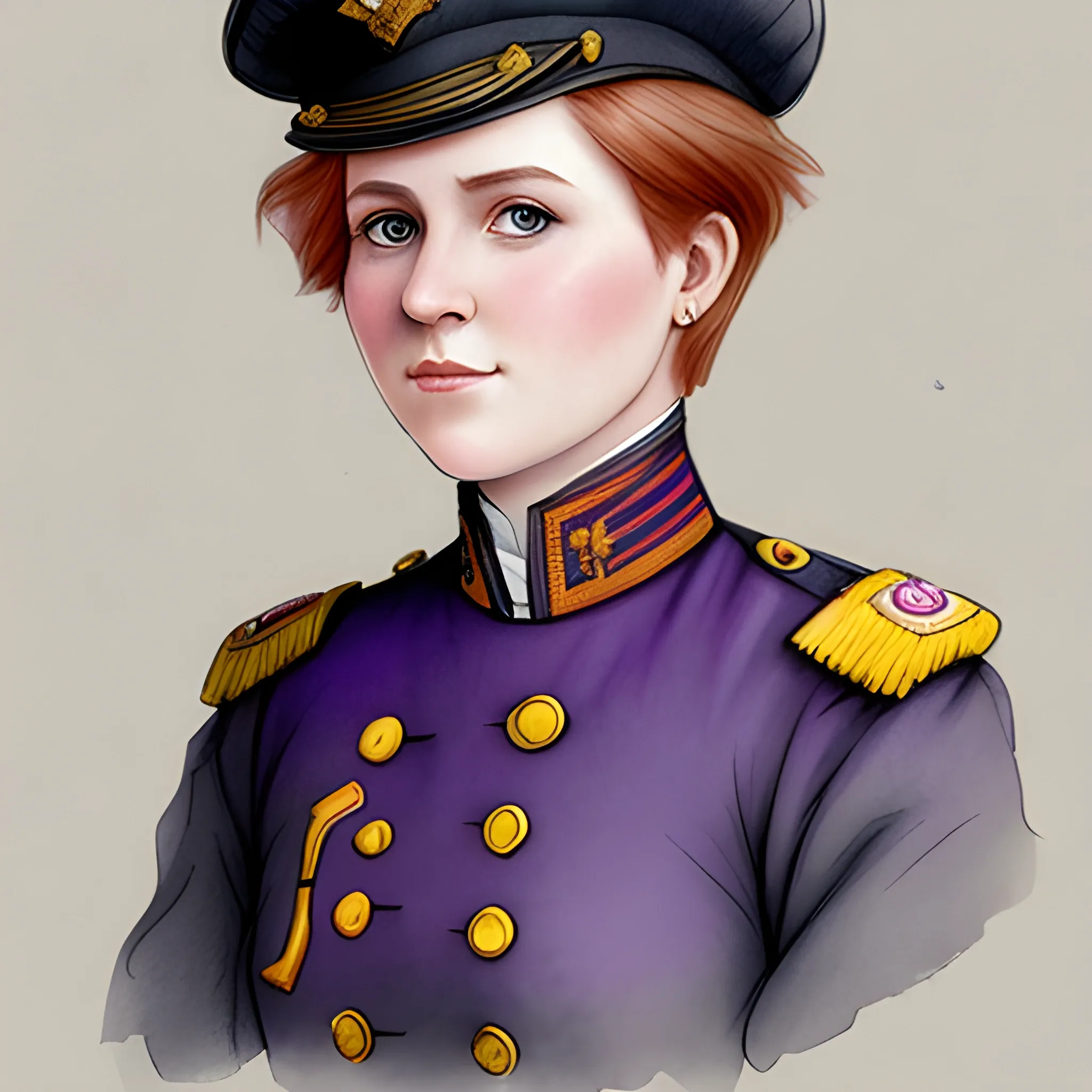 

Based on Ivanna Sakhno, Short hair, auburn hair, 19th century purple military uniform, Pencil Sketch, Water Color