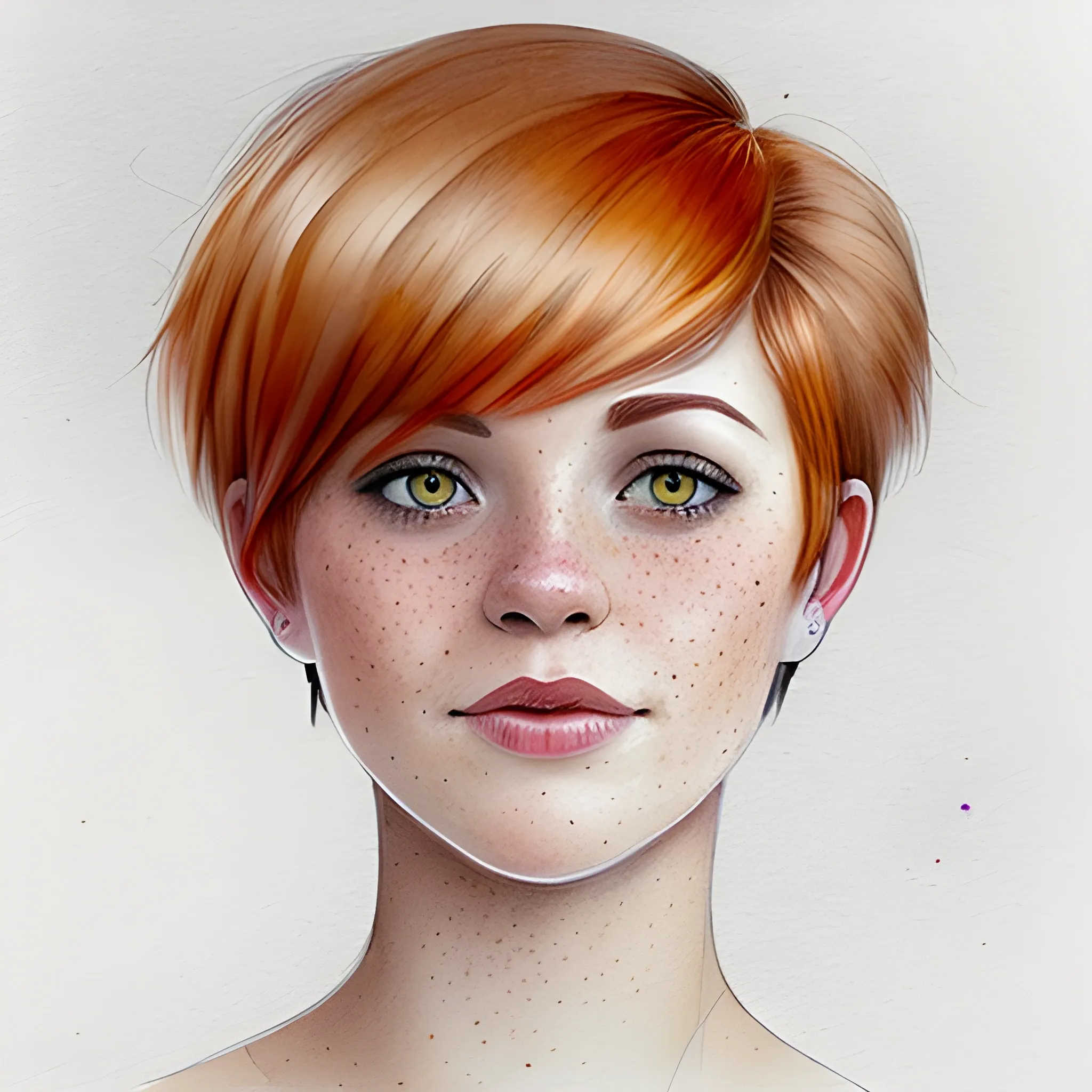 Based on Ivanna Sakhno, pixie cut, auburn hair, freckles, Pencil Sketch, Water Color