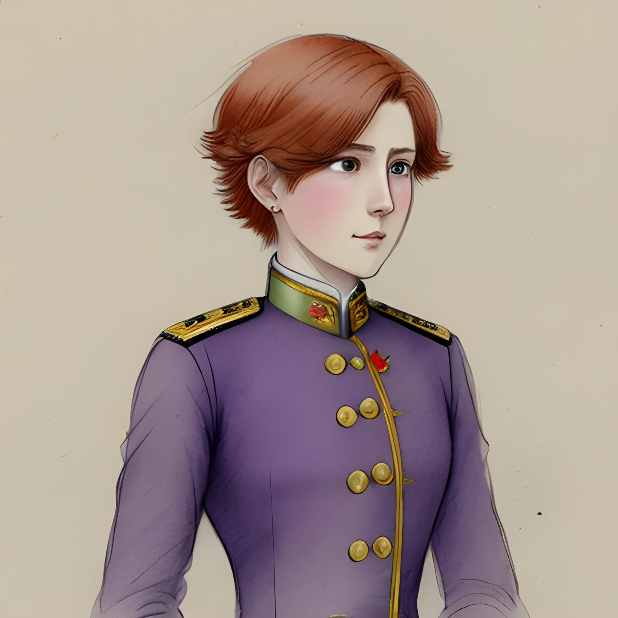 

Based on Shin Hati, Short hair, auburn hair, 19th century purple military uniform, Pencil Sketch, Water Color