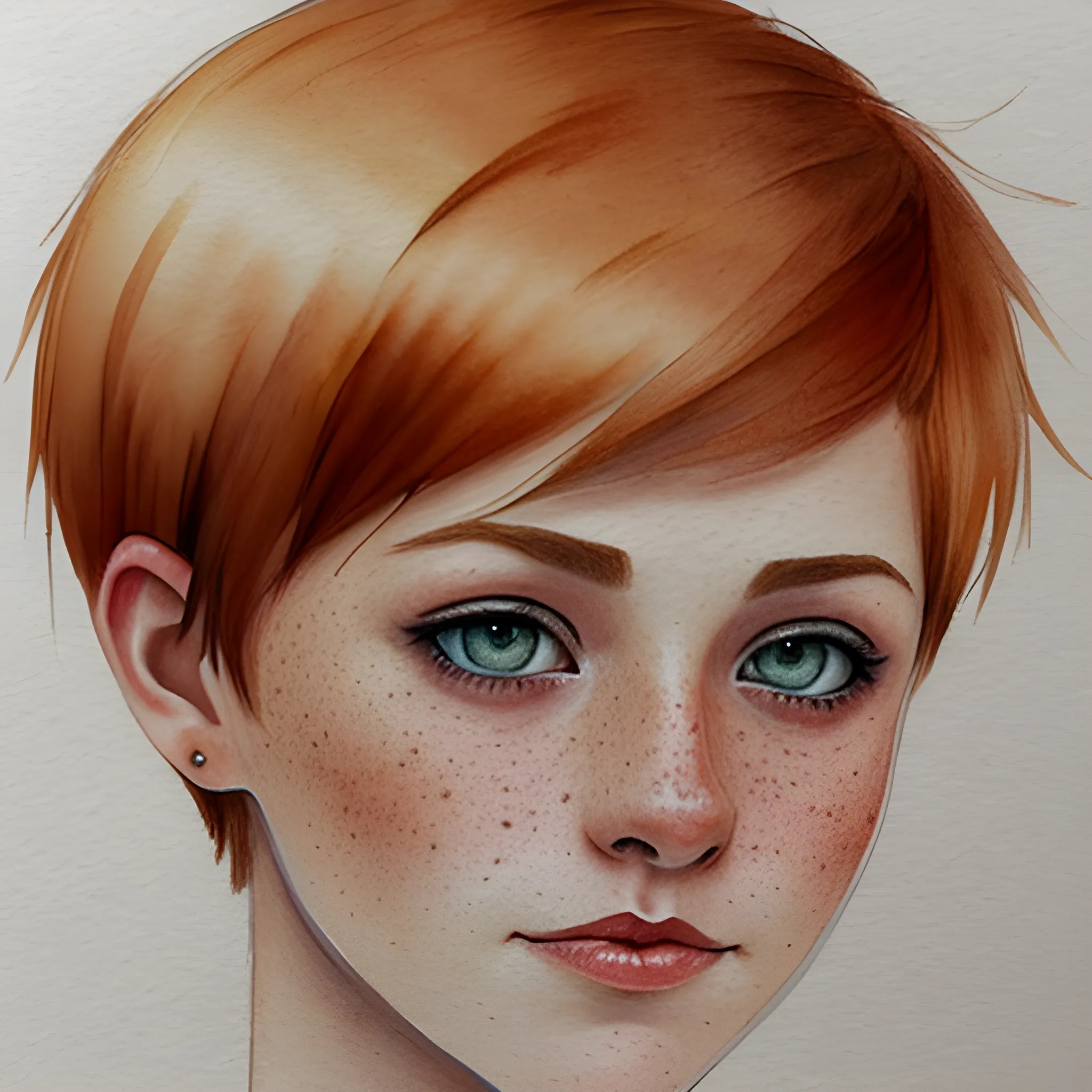 Based on Ivanna Sakhno, pixie cut, auburn hair, freckles, Pencil Sketch, Water Color