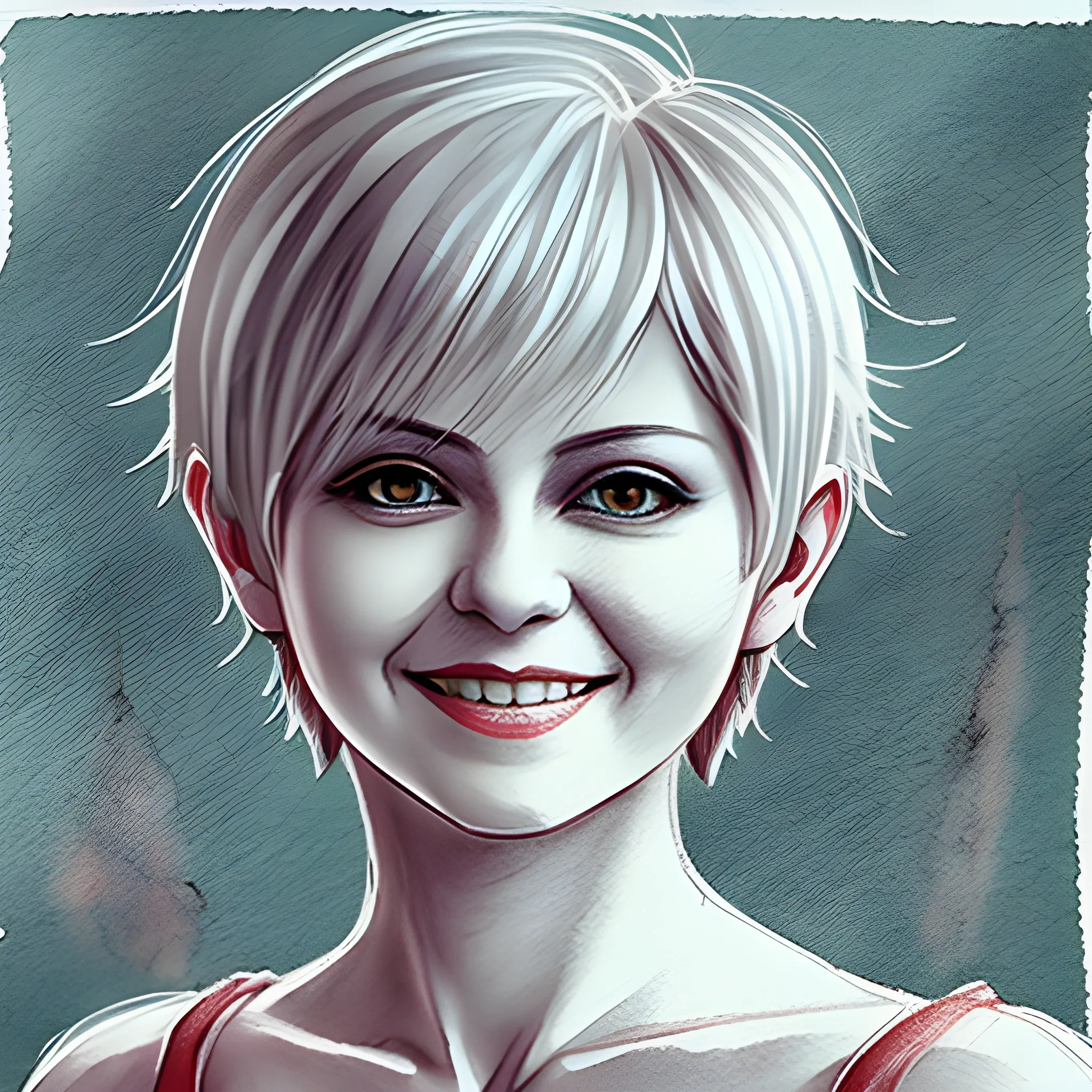 Based on Ivanna Sakhno as Shin Hati, pixie cut, smiling, facing slightly left, Pencil Sketch, Water Color