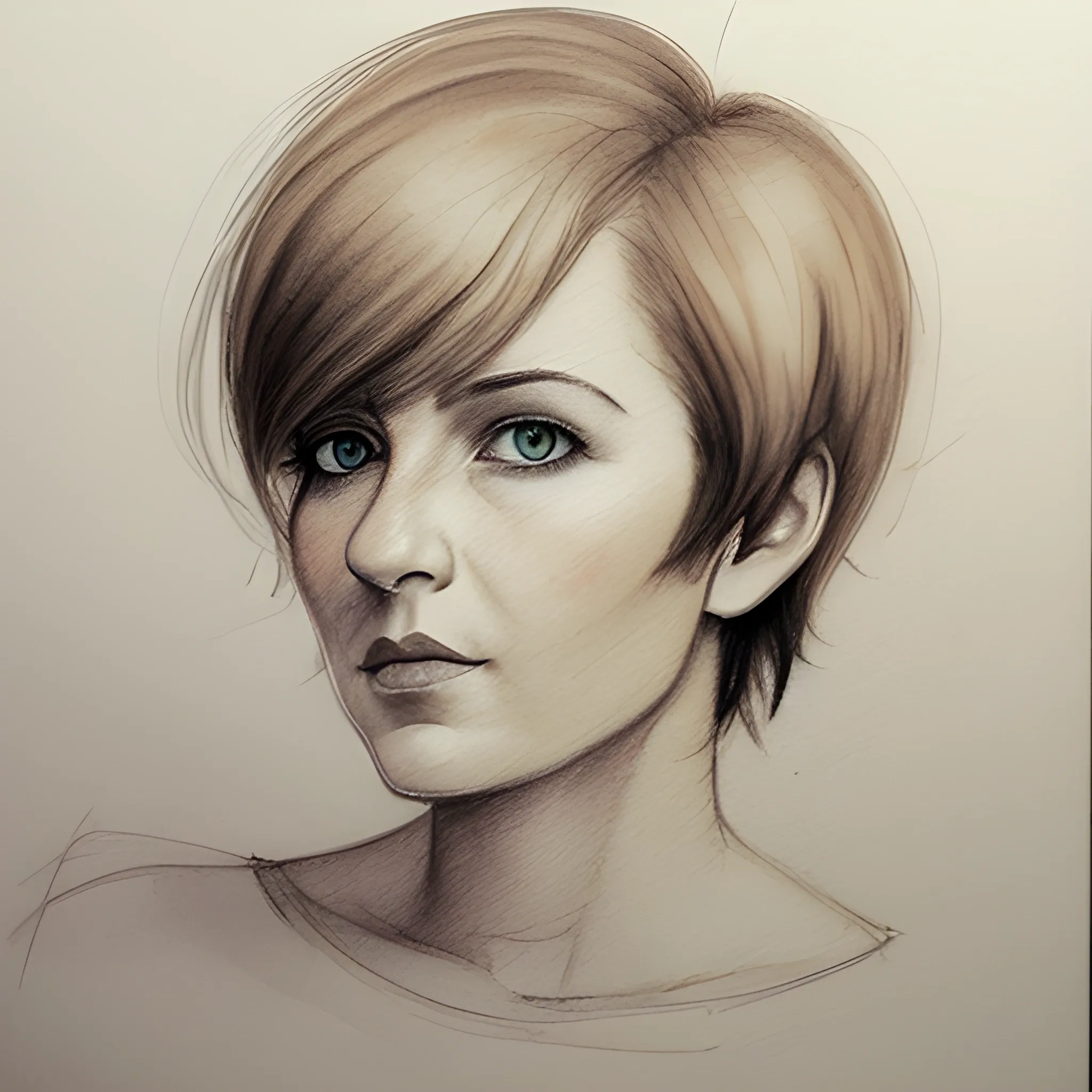 Based on Sonja Gerhardt, short hair, facing slightly left, Pencil Sketch, Water Color