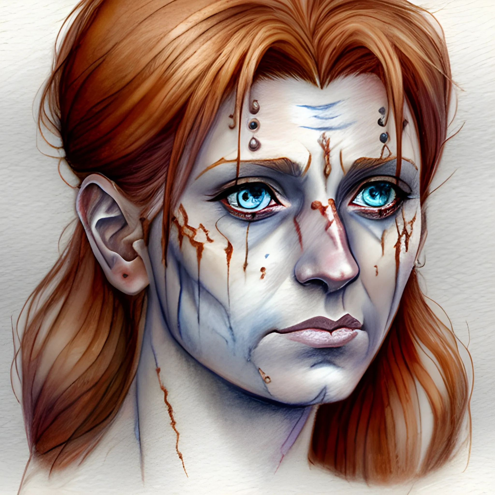 

Based on Sonja Gerhardt as Jarael, auburn hair, scar, Water Color, Pencil Sketch