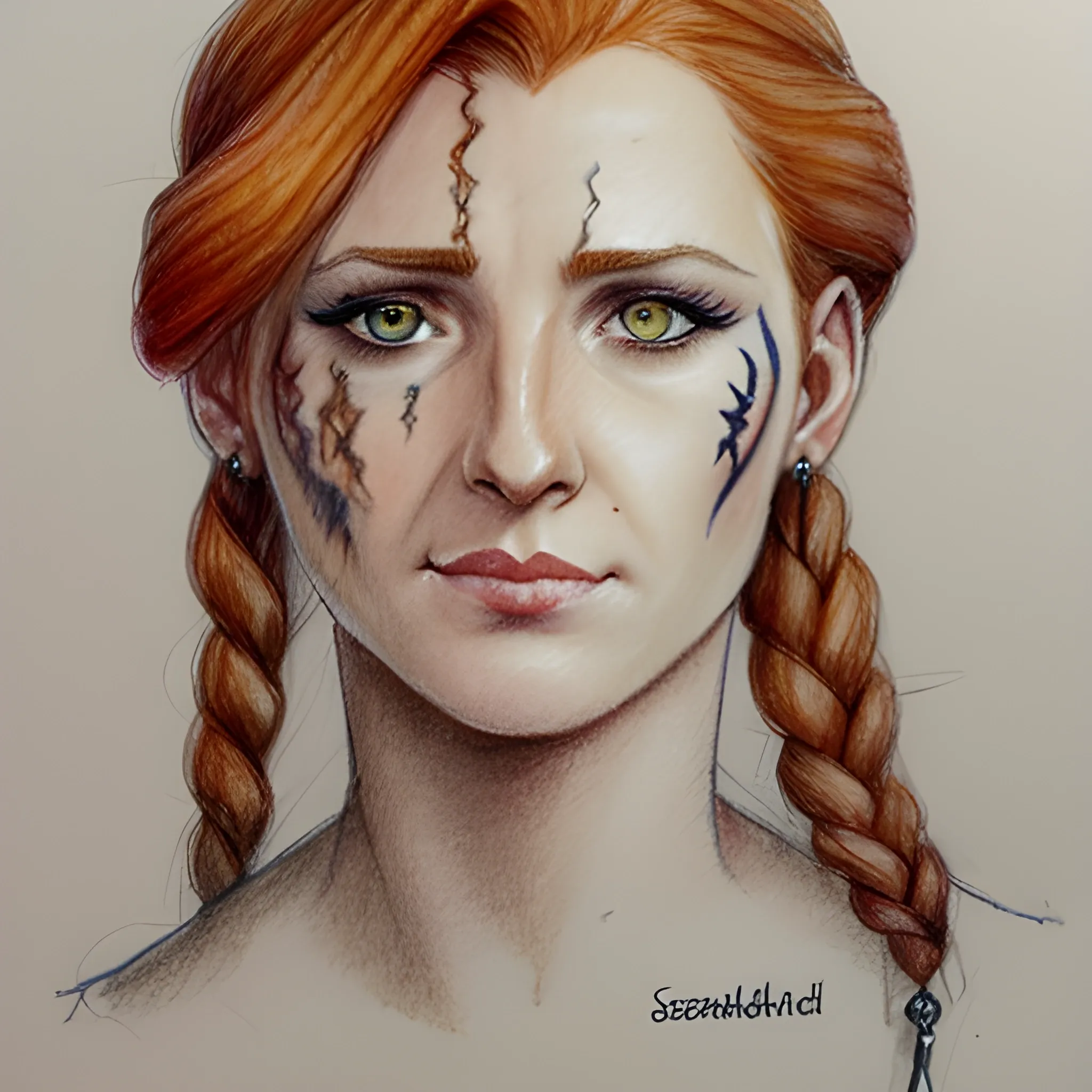 

Based on Sonja Gerhardt as Avar Kriss, braided hair, auburn hair, scar, Water Color, Pencil Sketch