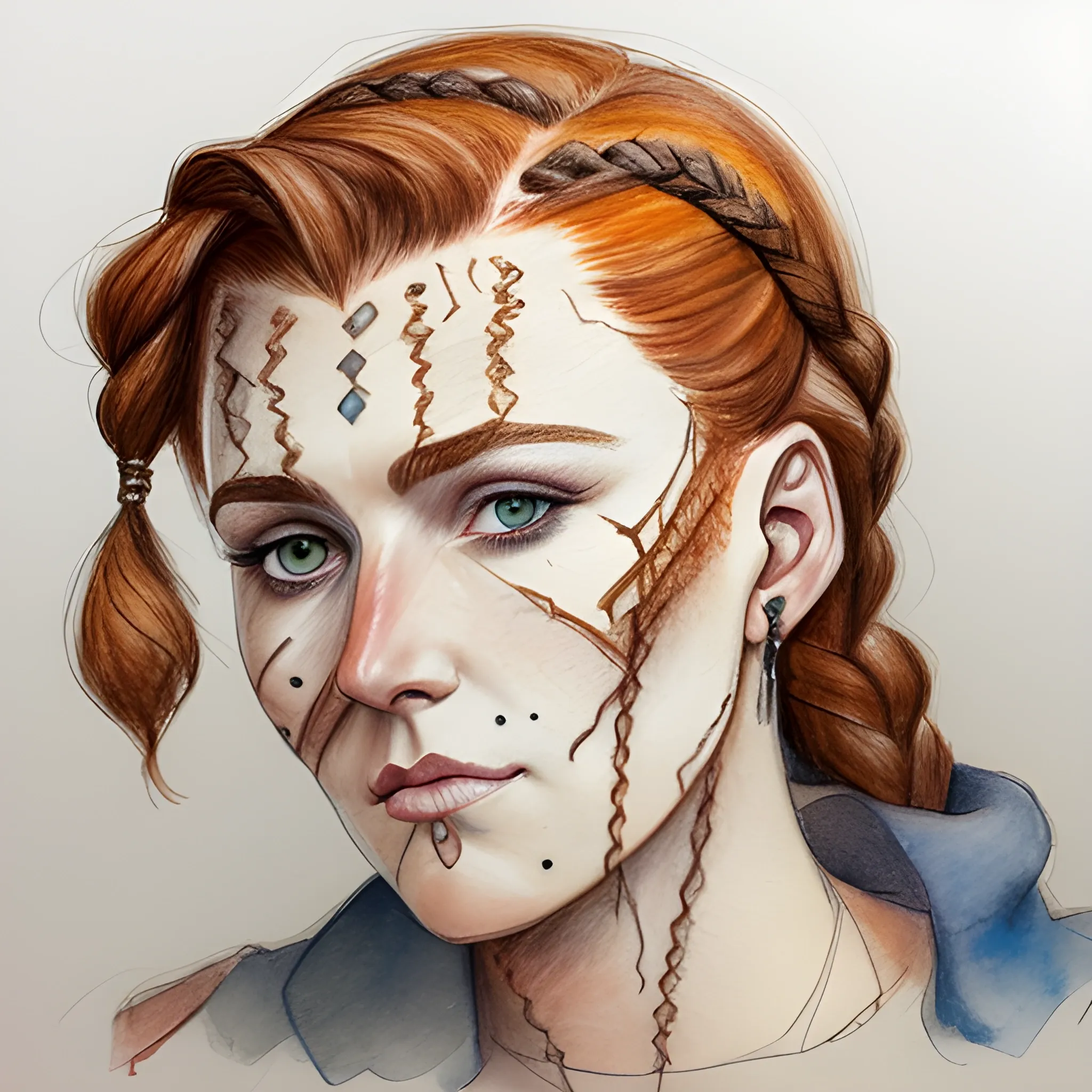 

Based on Sonja Gerhardt as Avar Kriss, braided hair, auburn hair, cheek scar, Water Color, Pencil Sketch