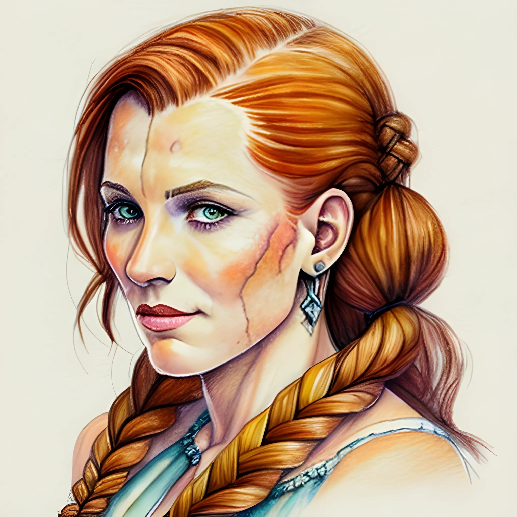 

Based on Sonja Gerhardt as Avar Kriss, braided hair, auburn hair, Water Color, Pencil Sketch