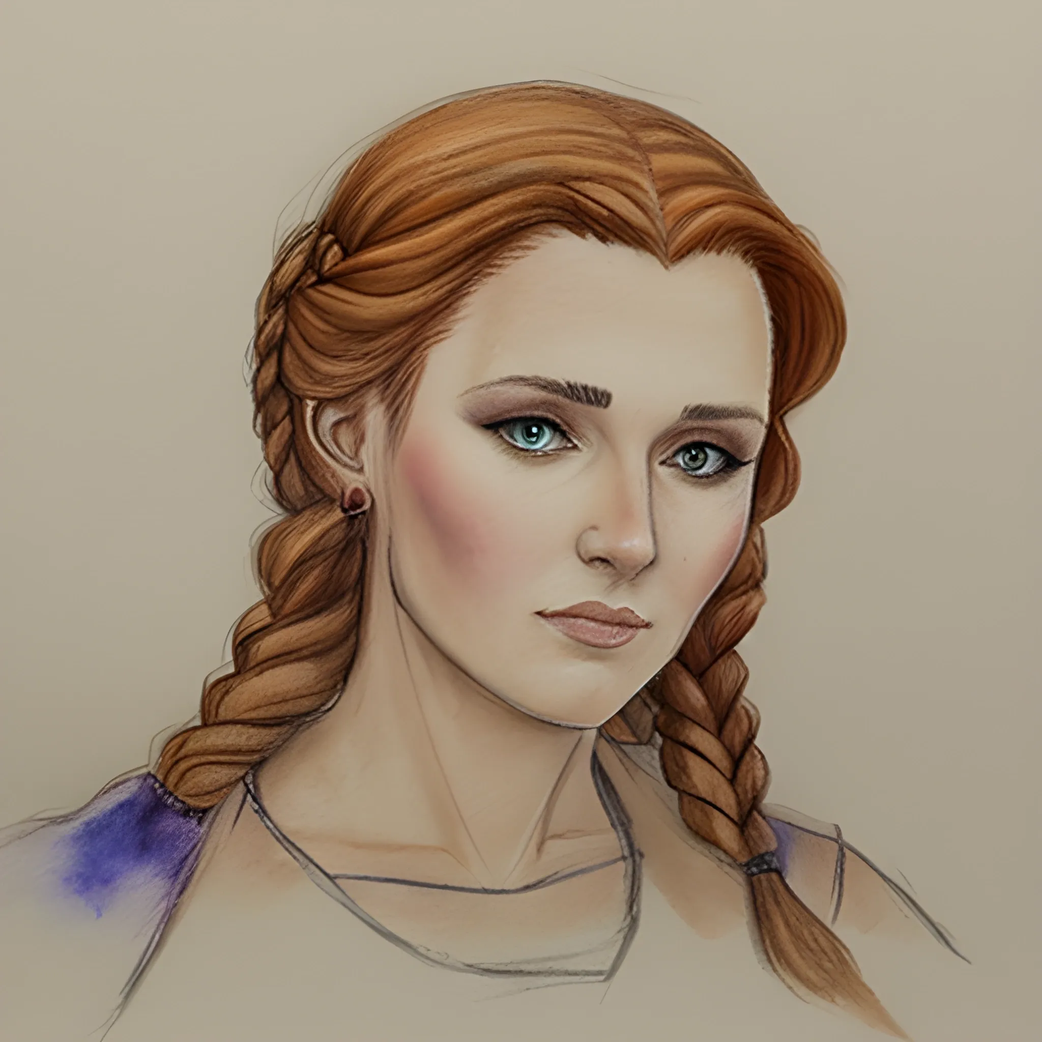 

Based on Sonja Gerhardt as Avar Kriss, braided hair, auburn hair, Water Color, Pencil Sketch