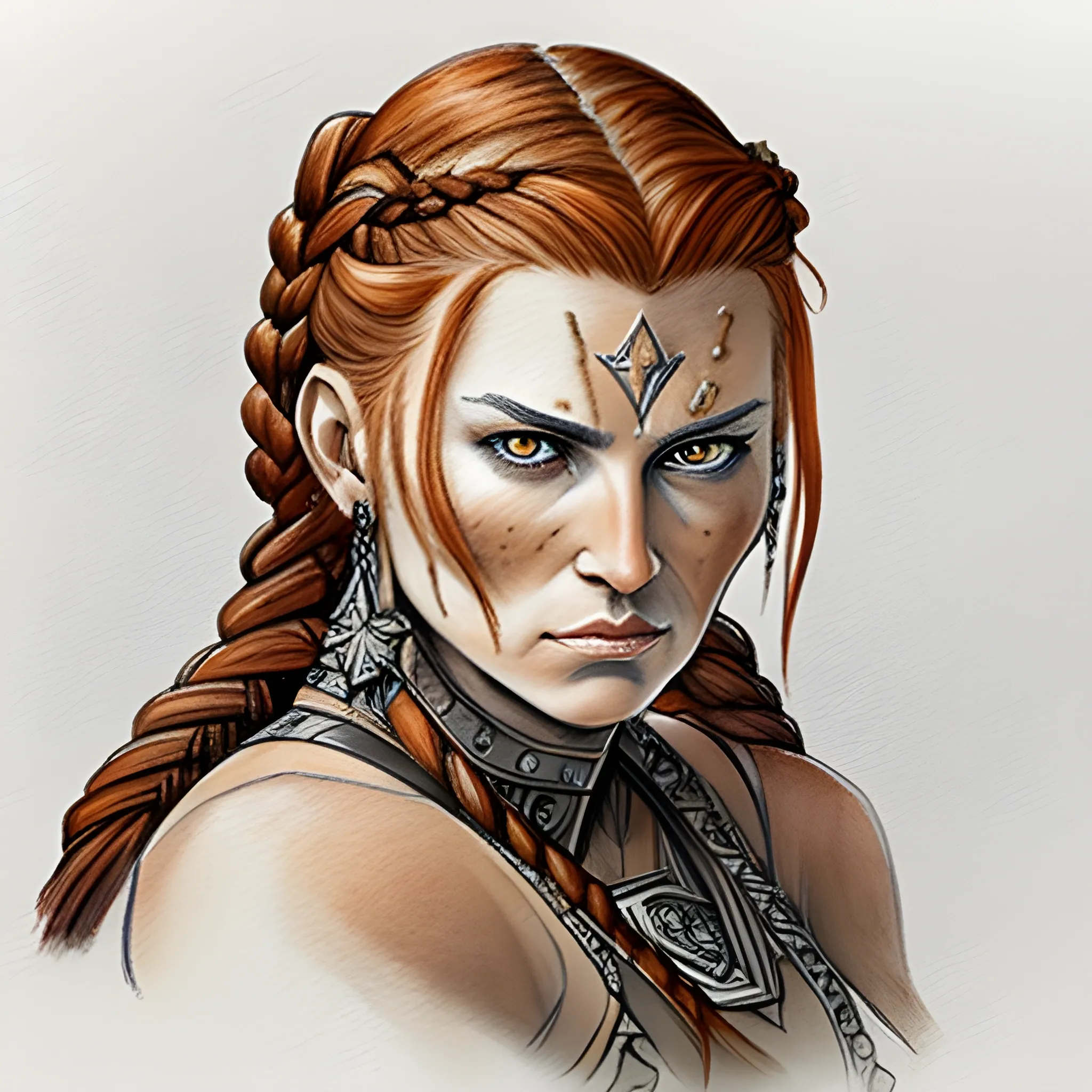 

Warrior woman, Based on Sonja Gerhardt as Avar Kriss, braided hair, auburn hair, Water Color, Pencil Sketch