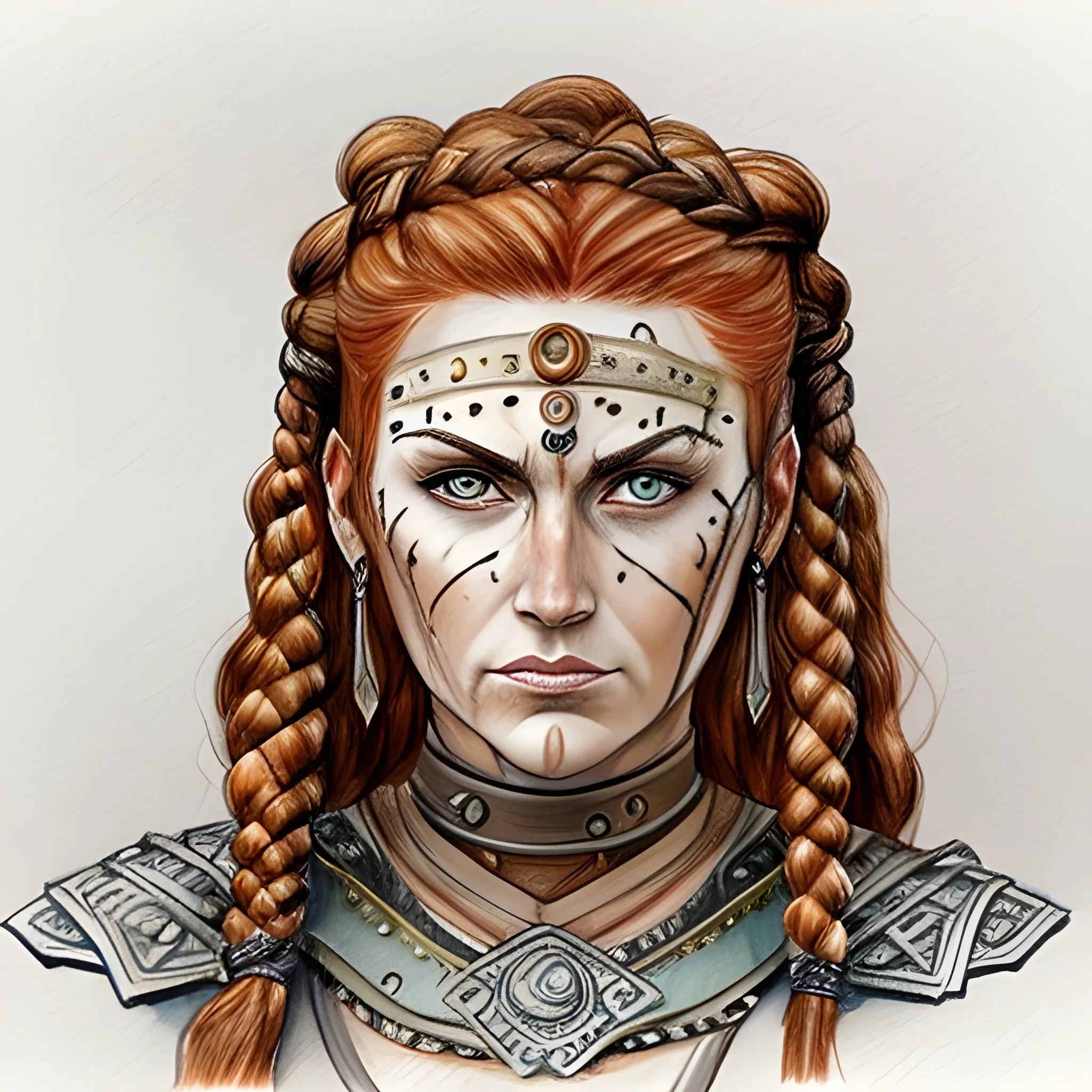 

Warrior woman, Based on Sonja Gerhardt as Avar Kriss, braided hair, auburn hair, Water Color, Pencil Sketch