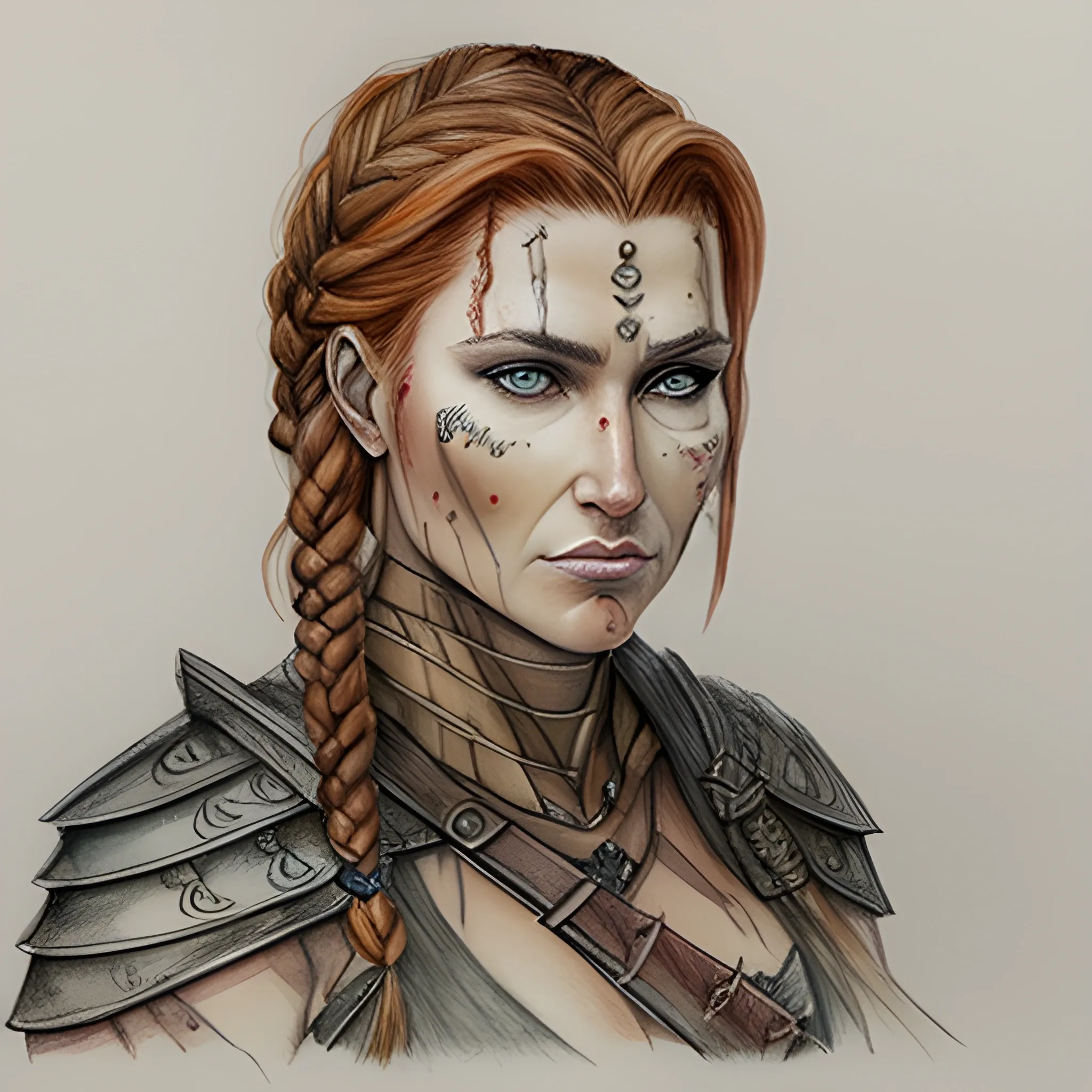 

Warrior woman, Based on Sonja Gerhardt as Avar Kriss, braided hair, auburn hair, Water Color, Pencil Sketch