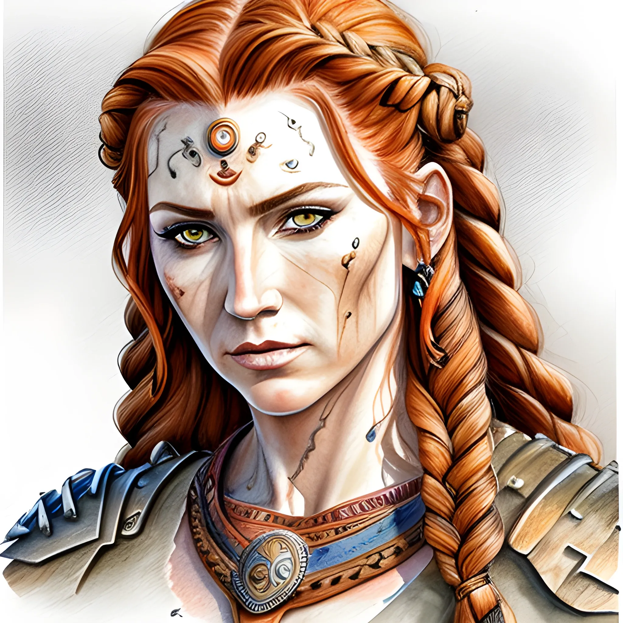 

Warrior woman, beautiful, Based on Sonja Gerhardt as Avar Kriss, braided hair, auburn hair, Water Color, Pencil Sketch