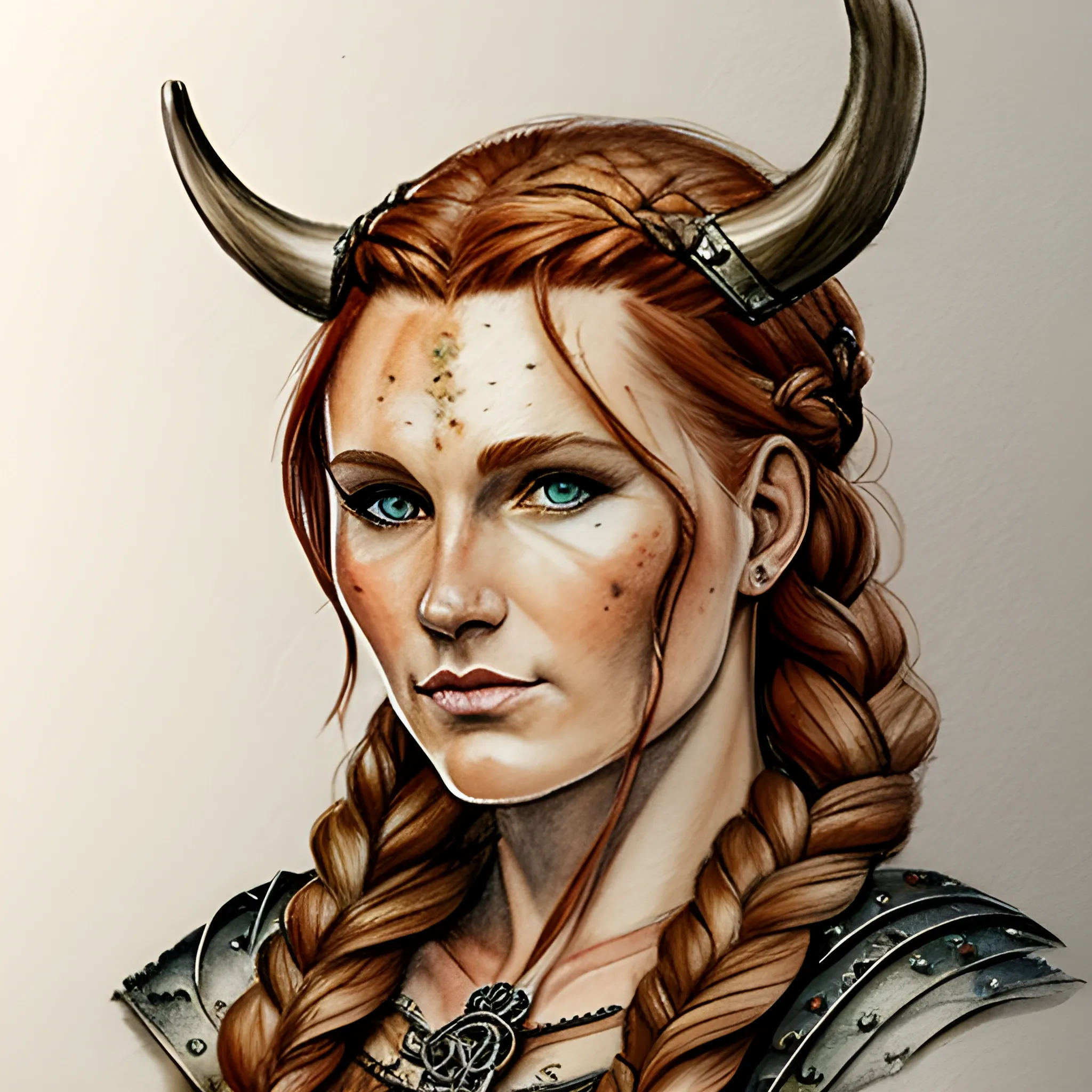 

Viking woman, beautiful, Based on Sonja Gerhardt as Avar Kriss, braided hair, auburn hair, Water Color, Pencil Sketch