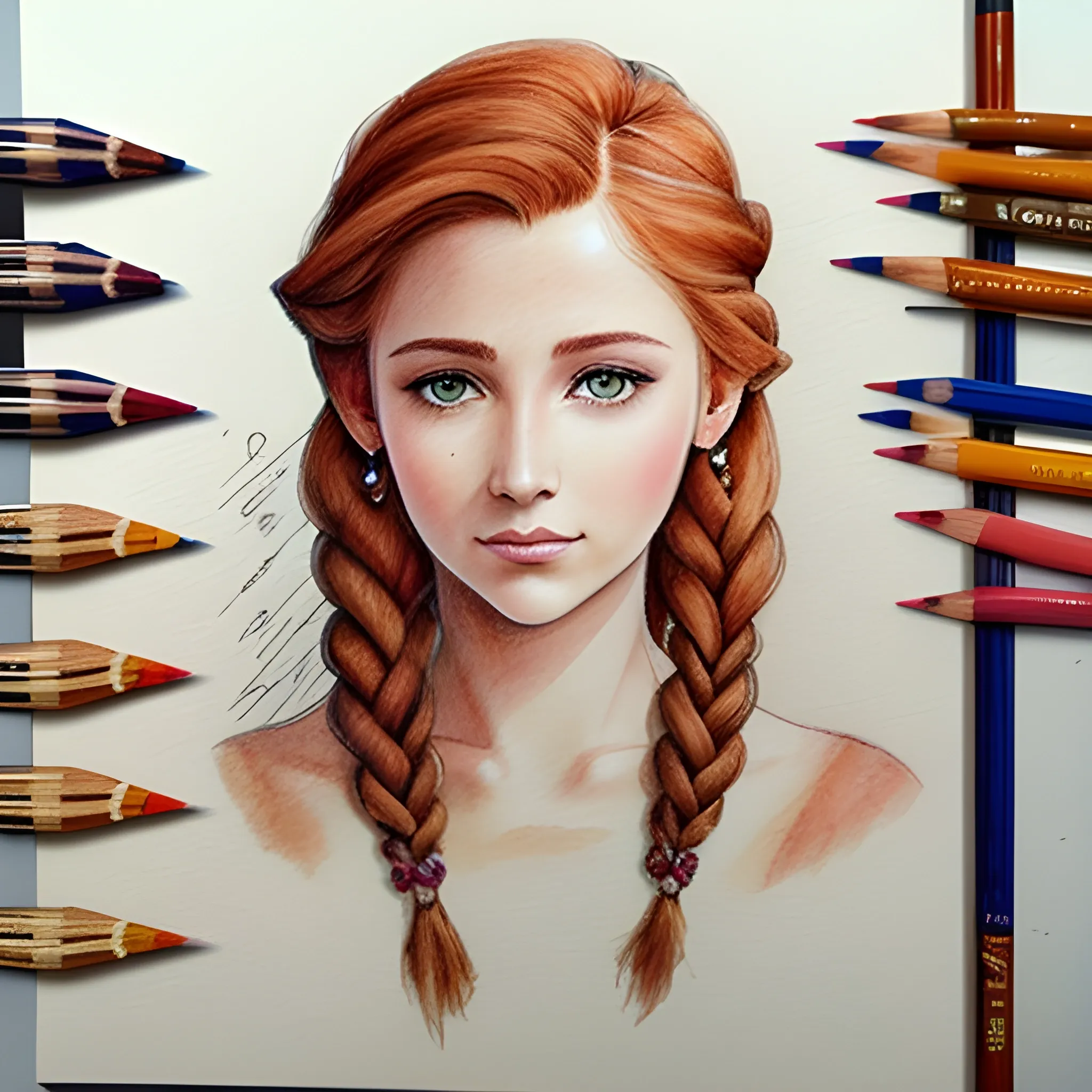 
 beautiful, Based on Avar Kriss, braided hair, auburn hair, Water Color, Pencil Sketch