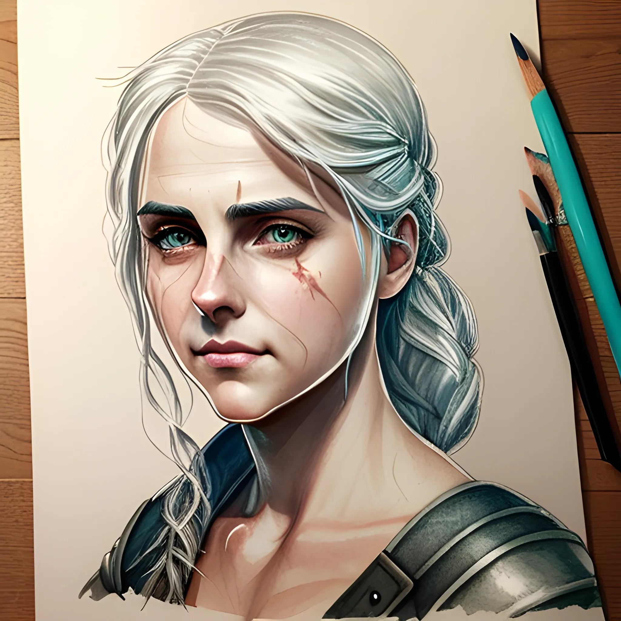 Ciri from the Witcher, braided hair, Water Color, Pencil Sketch