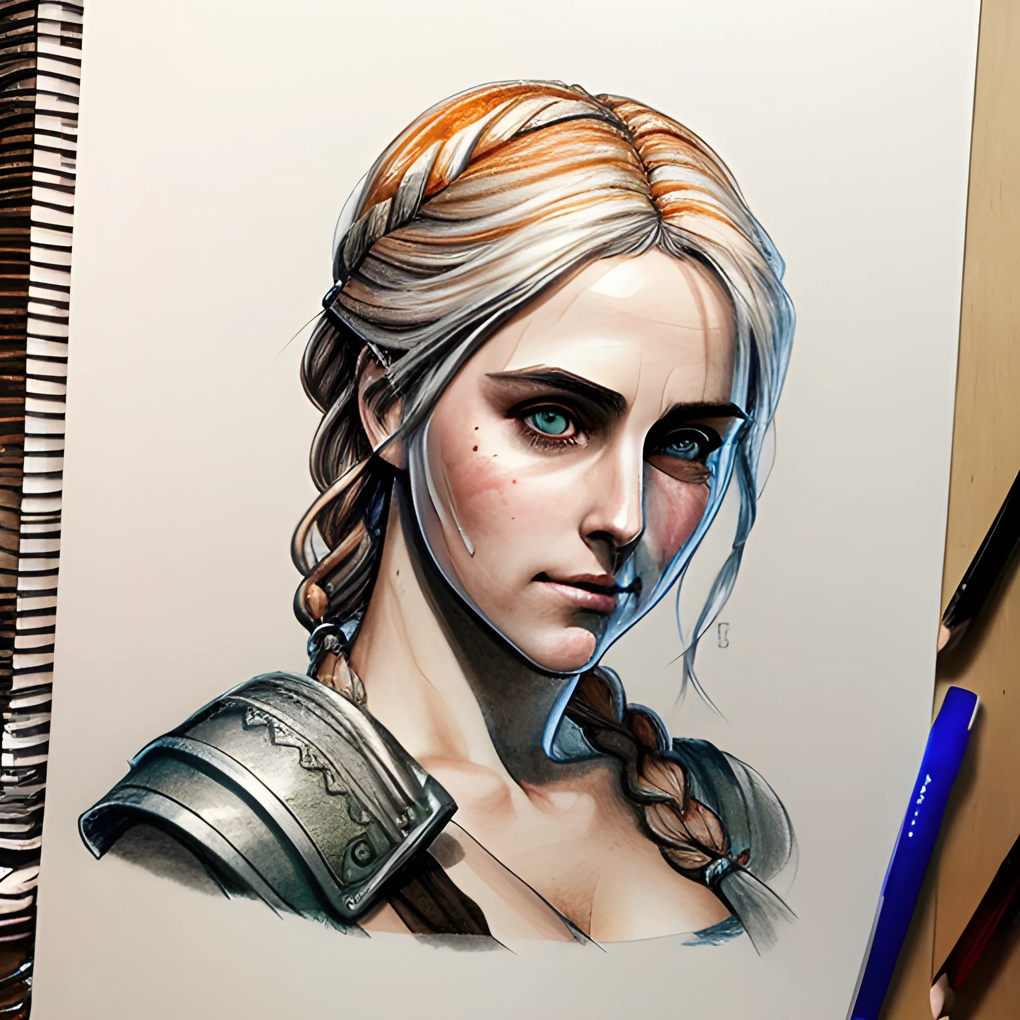 Ciri from the Witcher, auburn hair, braided hair, Water Color, Pencil Sketch