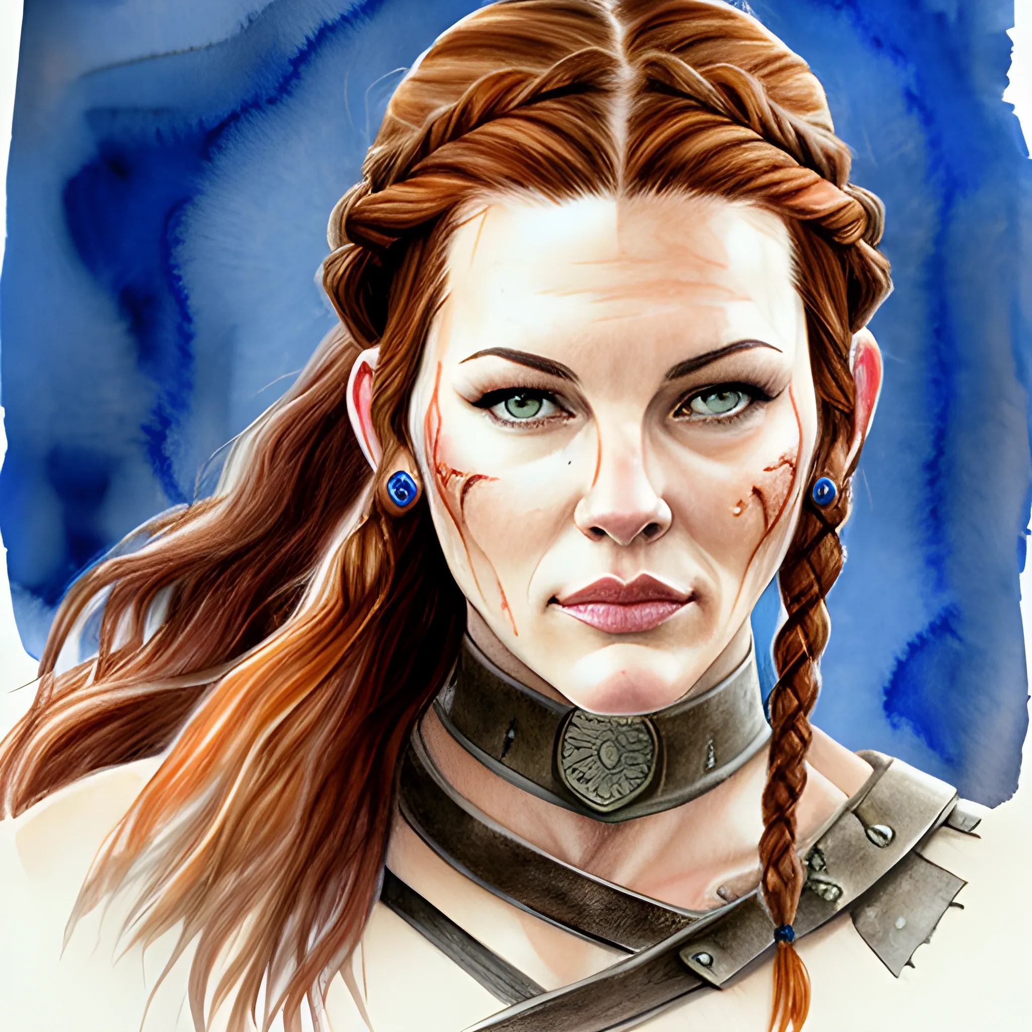 Warrior woman, based on Liv Tyler, auburn hair, braided hair, Water Color, Pencil Sketch