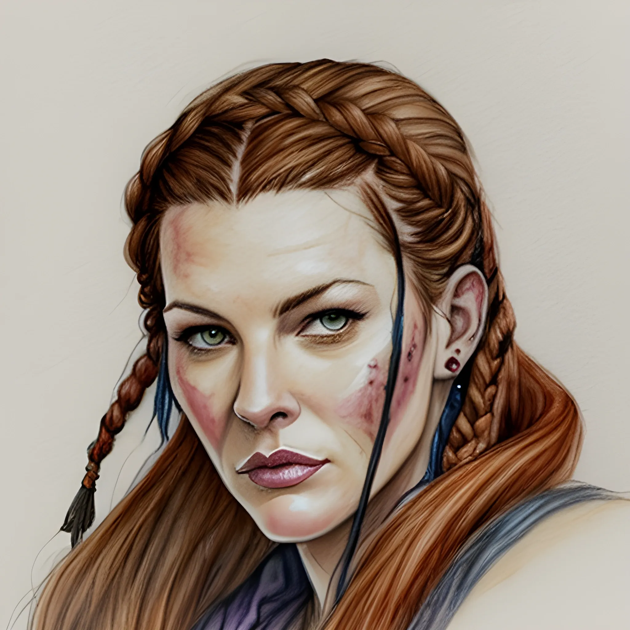 Warrior woman, based on Liv Tyler, auburn hair, braided hair, Water Color, Pencil Sketch