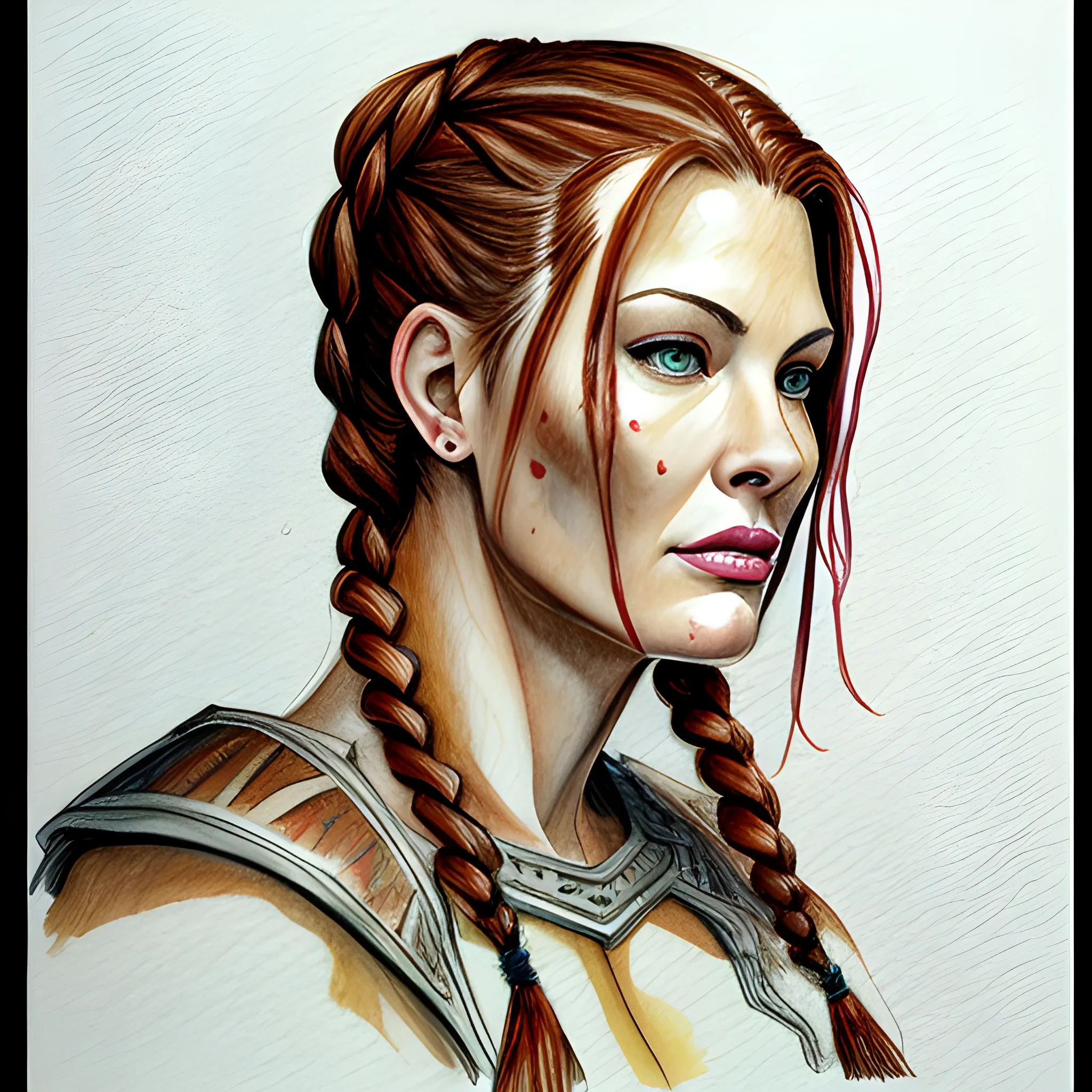 Warrior woman, based on Liv Tyler, auburn hair, braided hair, Water Color, Pencil Sketch