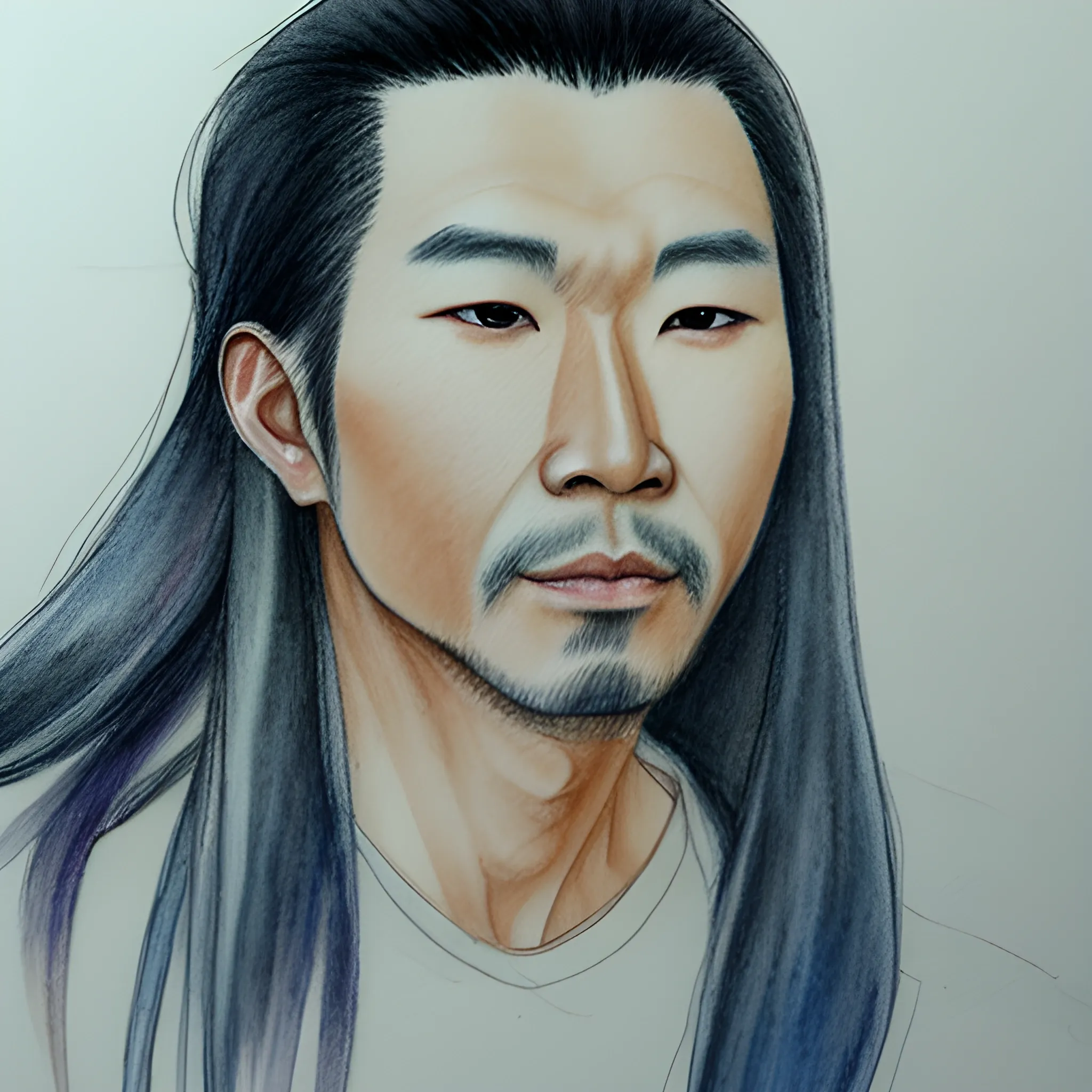 Asian Man with long hair, Water Color, Pencil Sketch