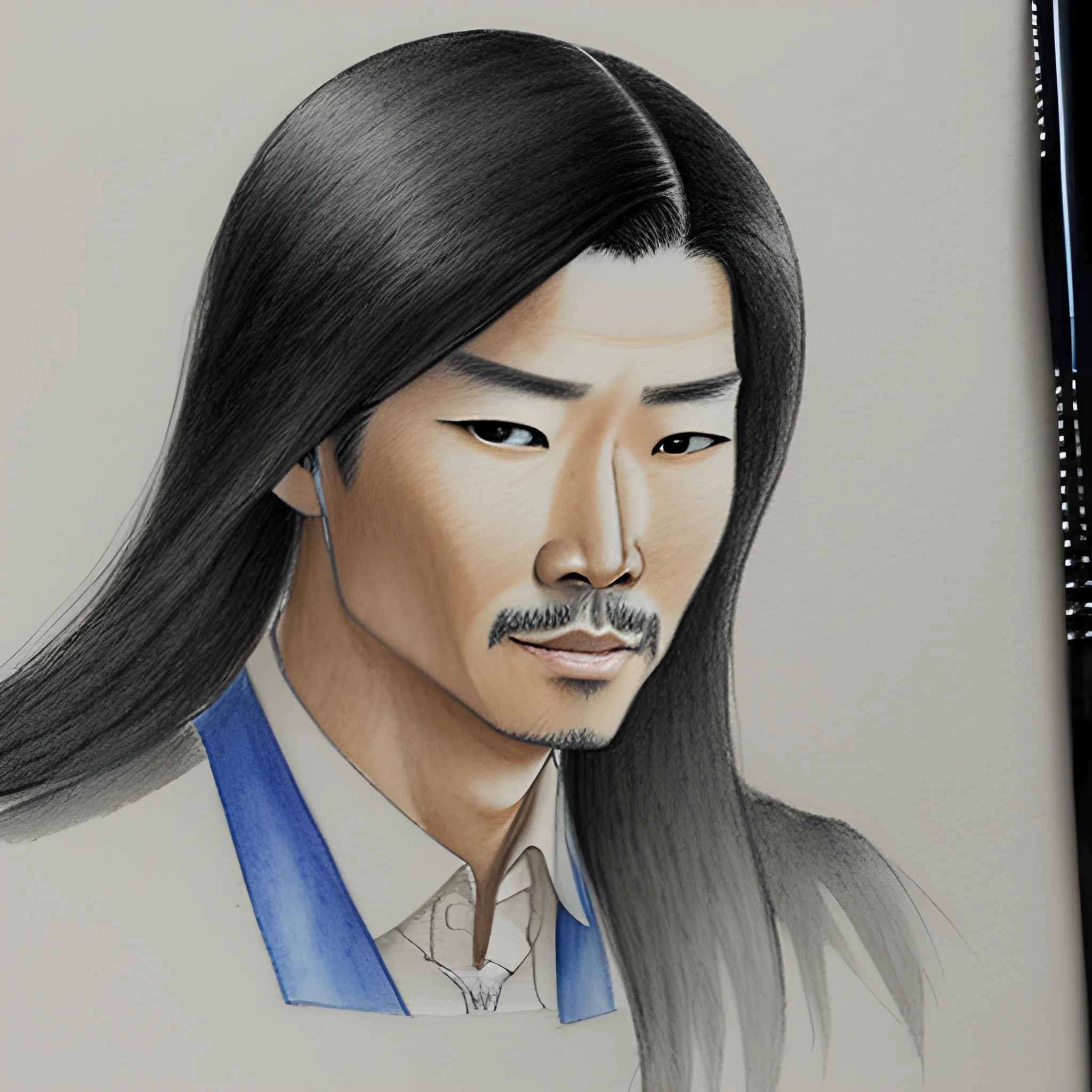 Asian Manservant with long hair, Water Color, Pencil Sketch