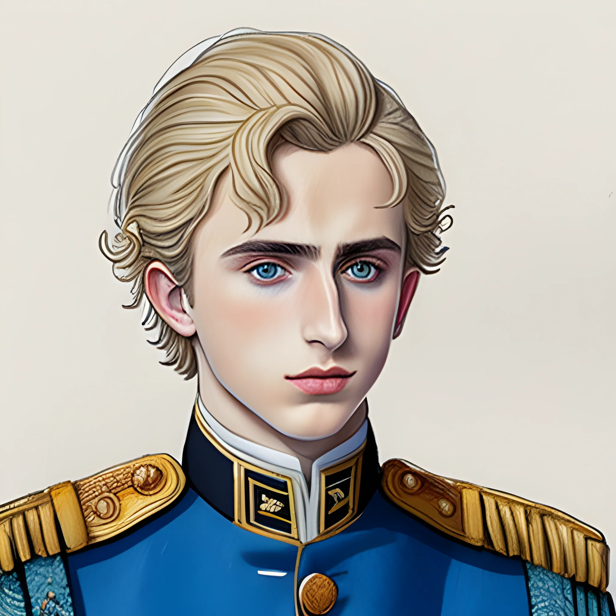 Nikolai Lantsov, blonde hair, blue napoleonic uniform, based on Timothee Chalamet, Water Color, Pencil Sketch