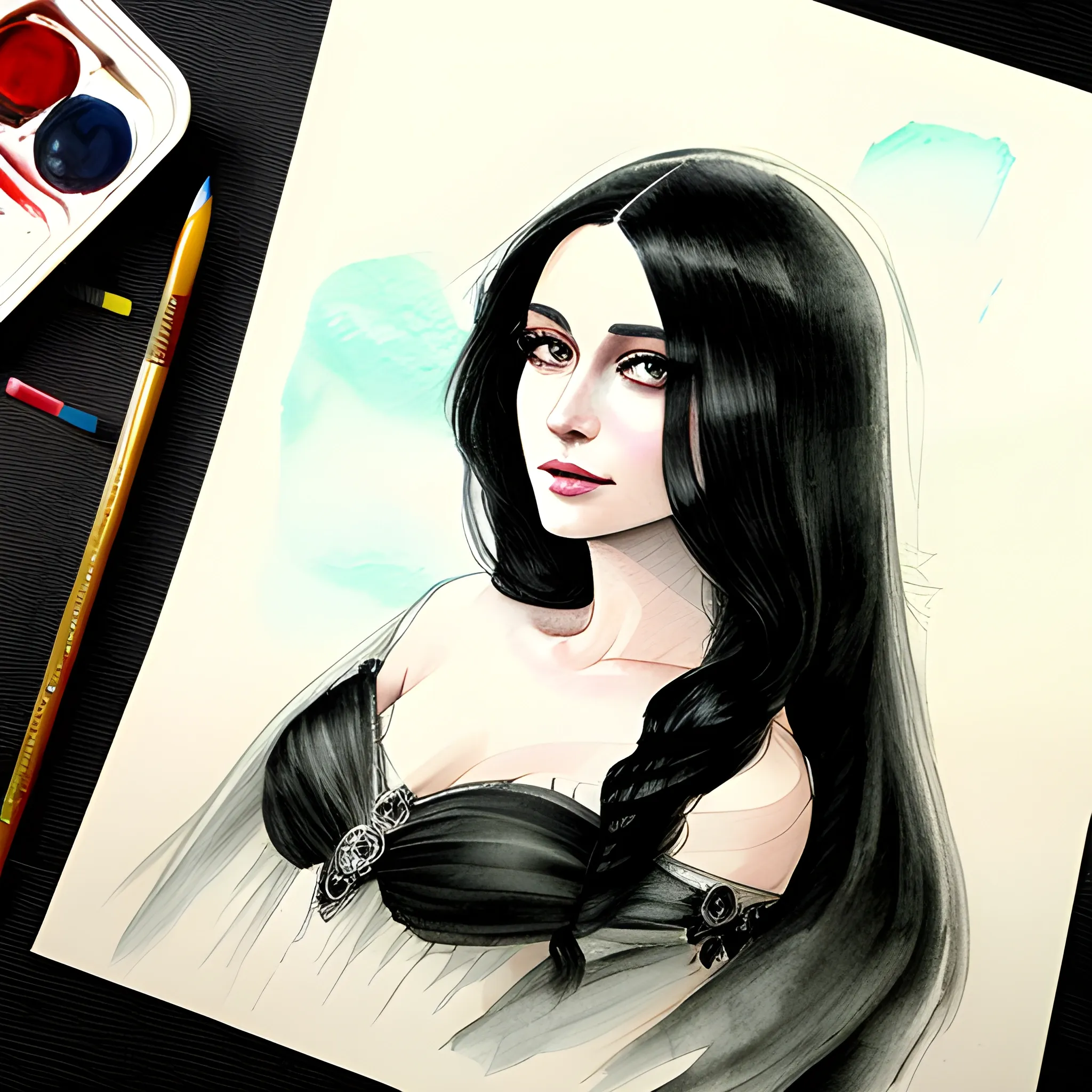 Gorgeous woman, long black hair, ornate gown, Water Color, Pencil Sketch