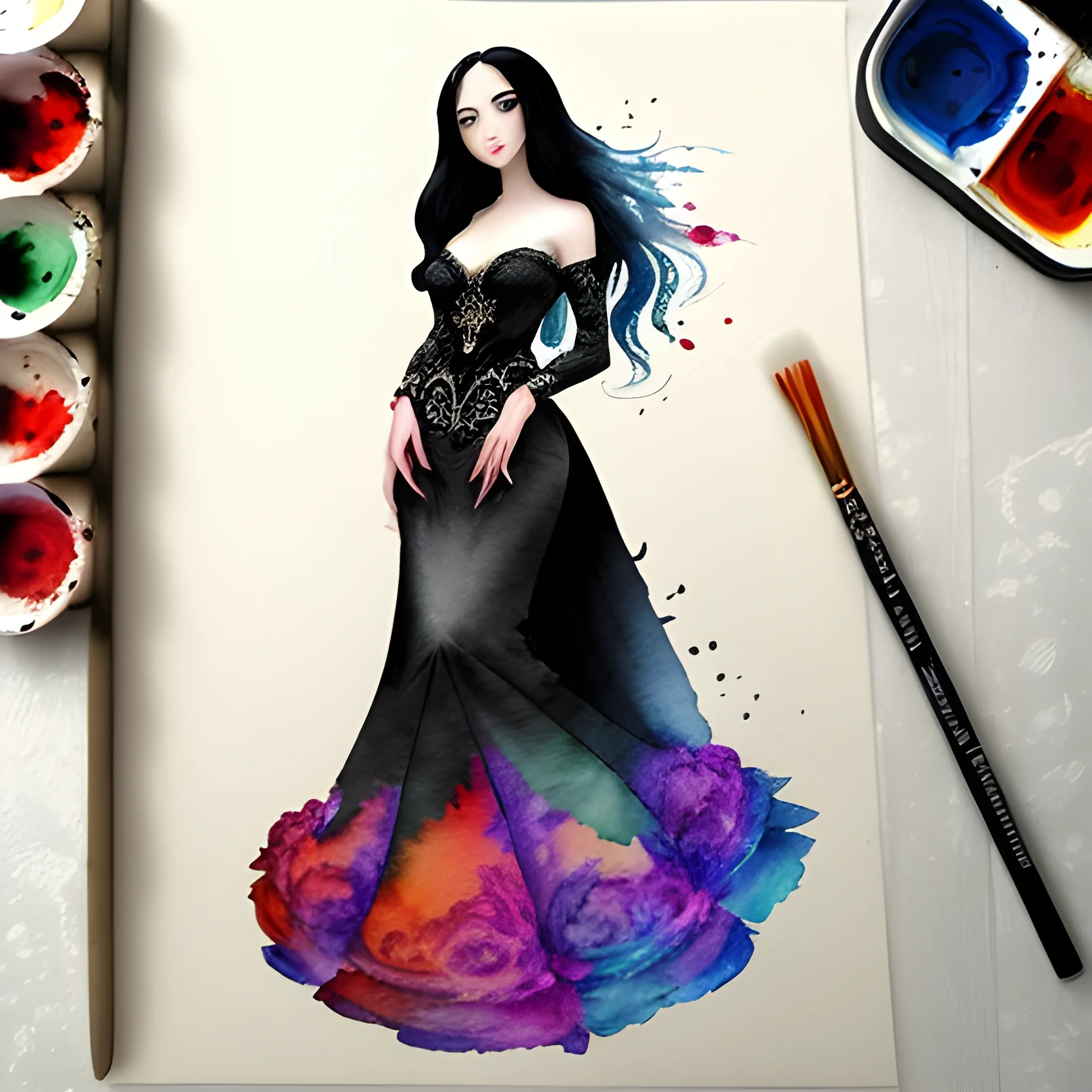 Gorgeous woman, long black hair, ornate gown, Water Color, 3D