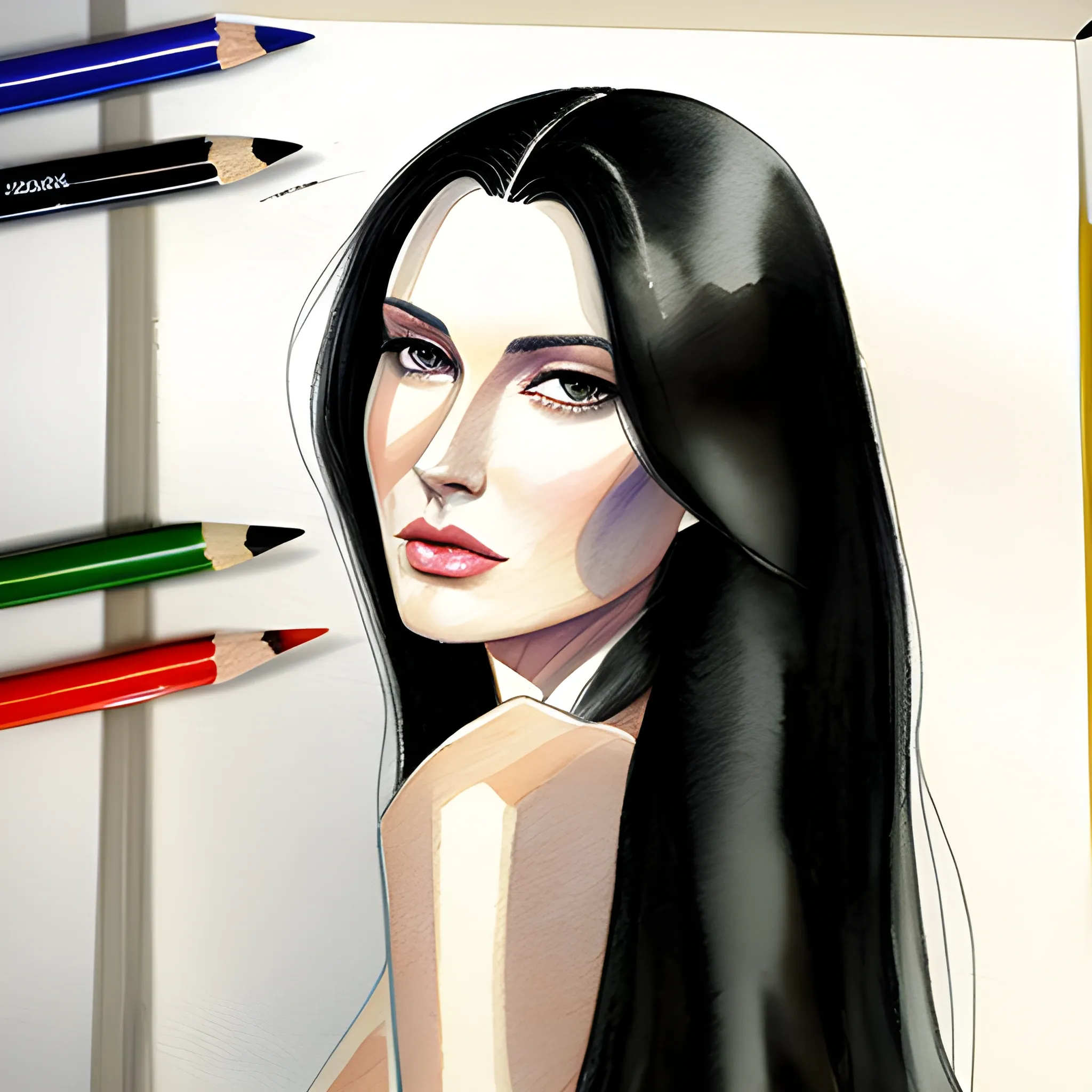 Gorgeous tall woman, long black hair, Water Color, Pencil Sketch