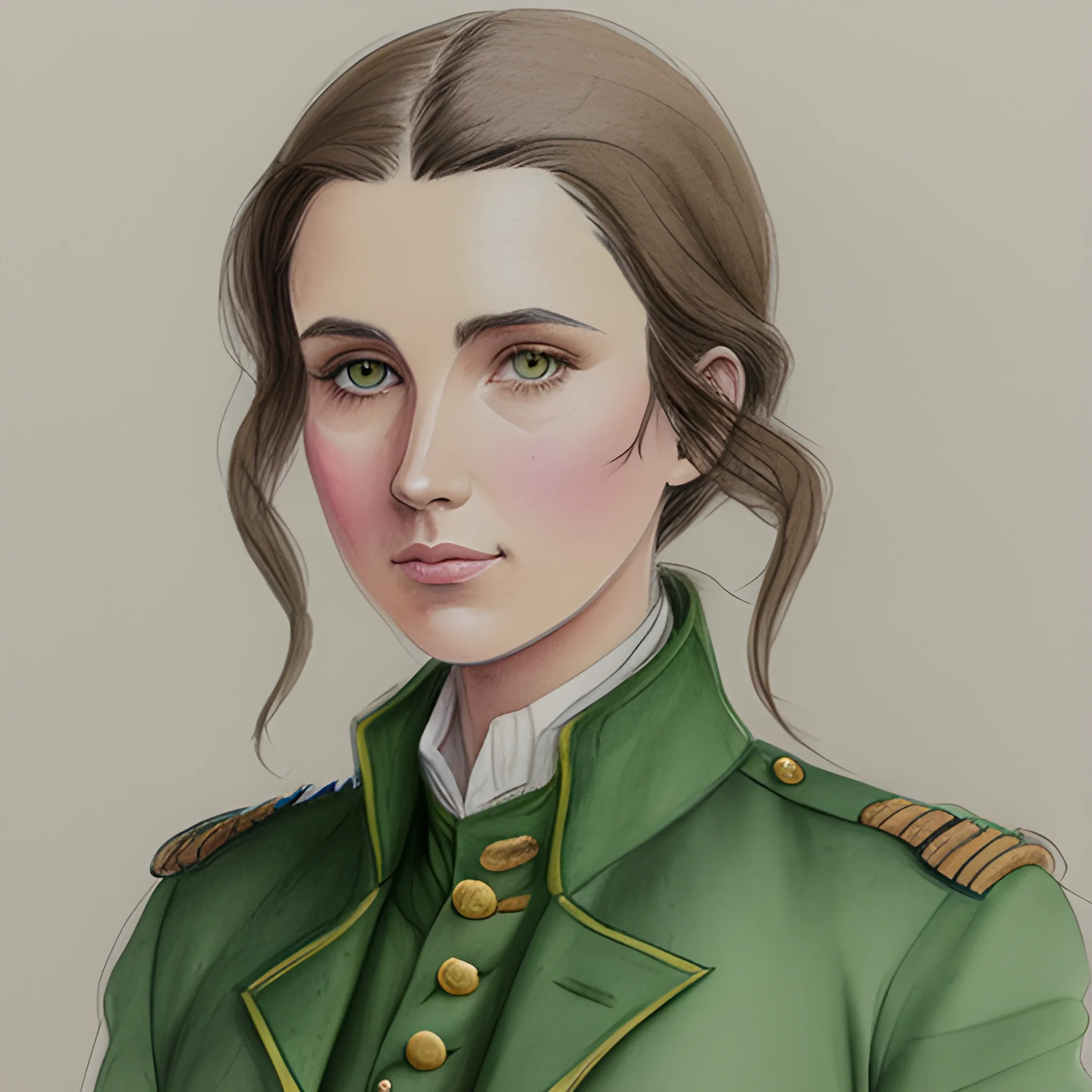 Pretty brunette, wearing 95th rifles green jacket, Water Color, Pencil Sketch