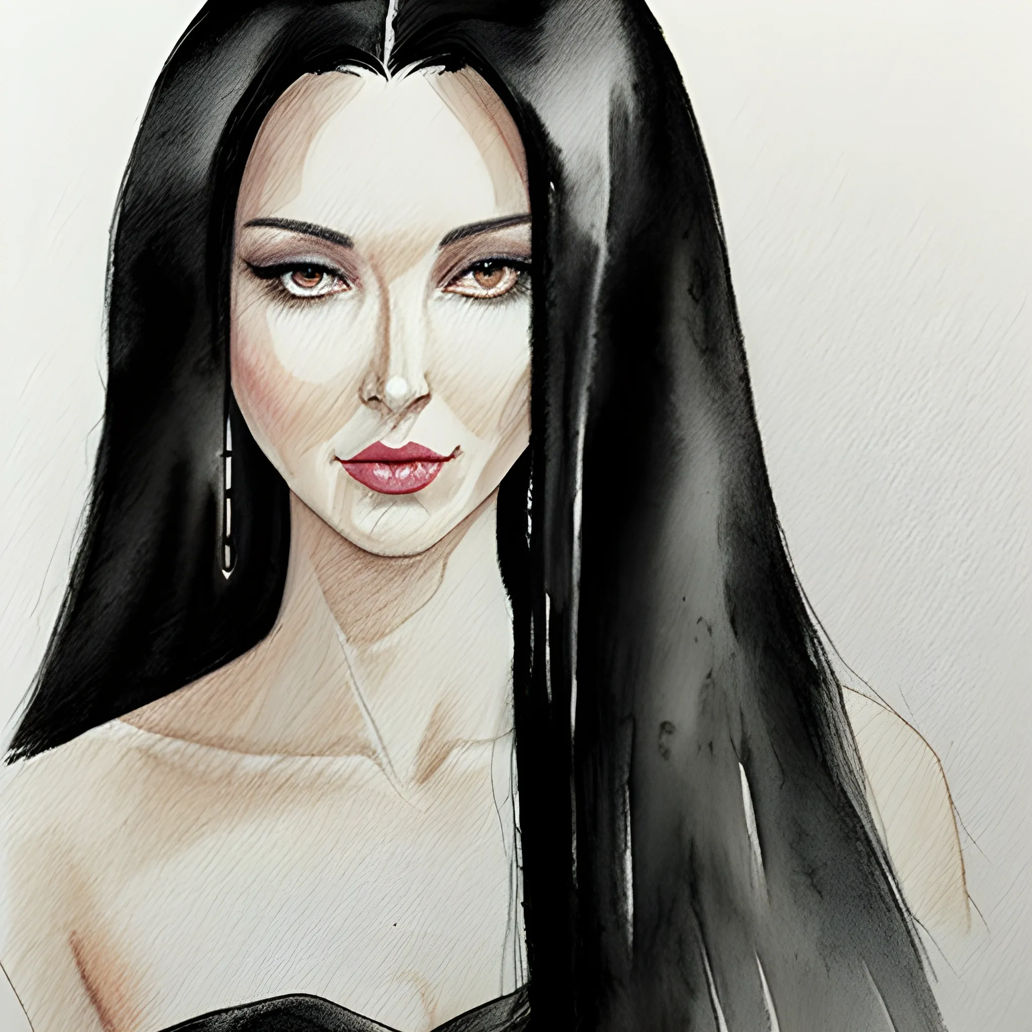 Gorgeous tall queen, long black hair, Water Color, Pencil Sketch