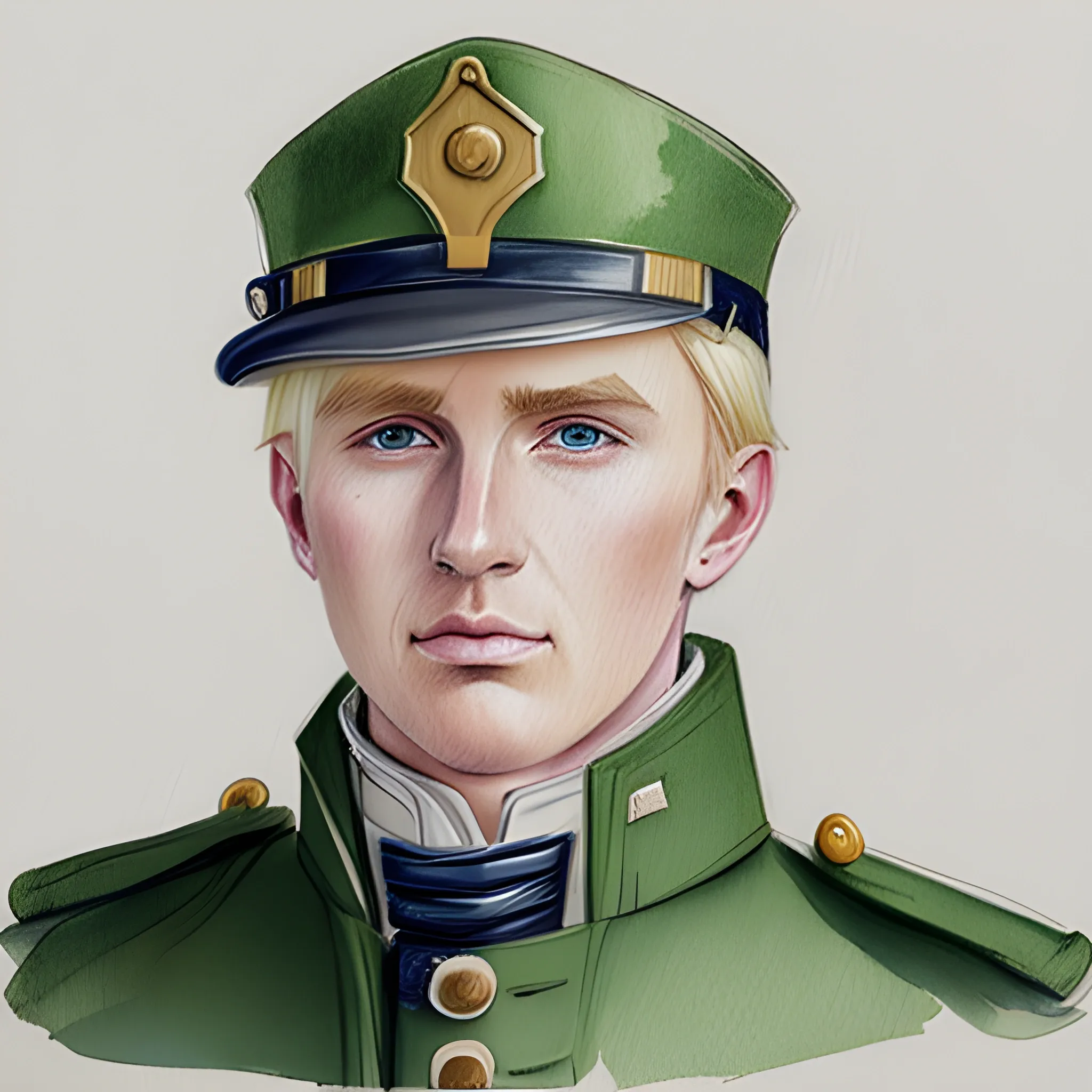 blonde haired man, wearing 95th rifles green jacket, Water Color, Pencil Sketch