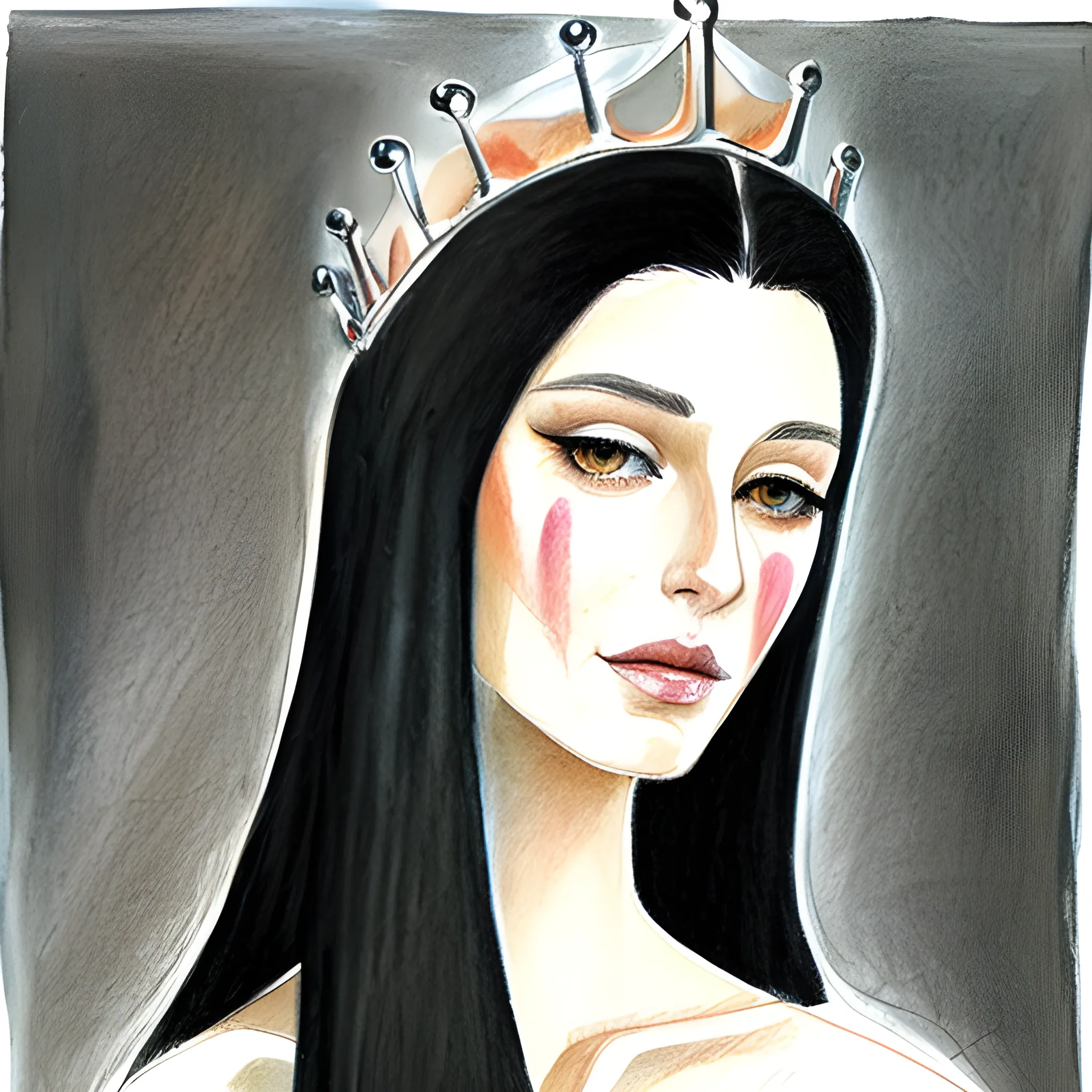 Gorgeous tall queen, long black hair, Water Color, Pencil Sketch