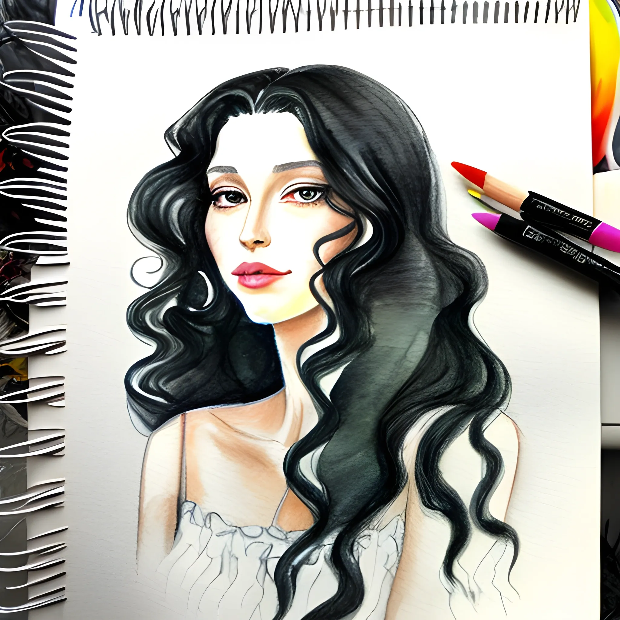 Gorgeous tall queen, long black hair, curly hair, Water Color, Pencil Sketch