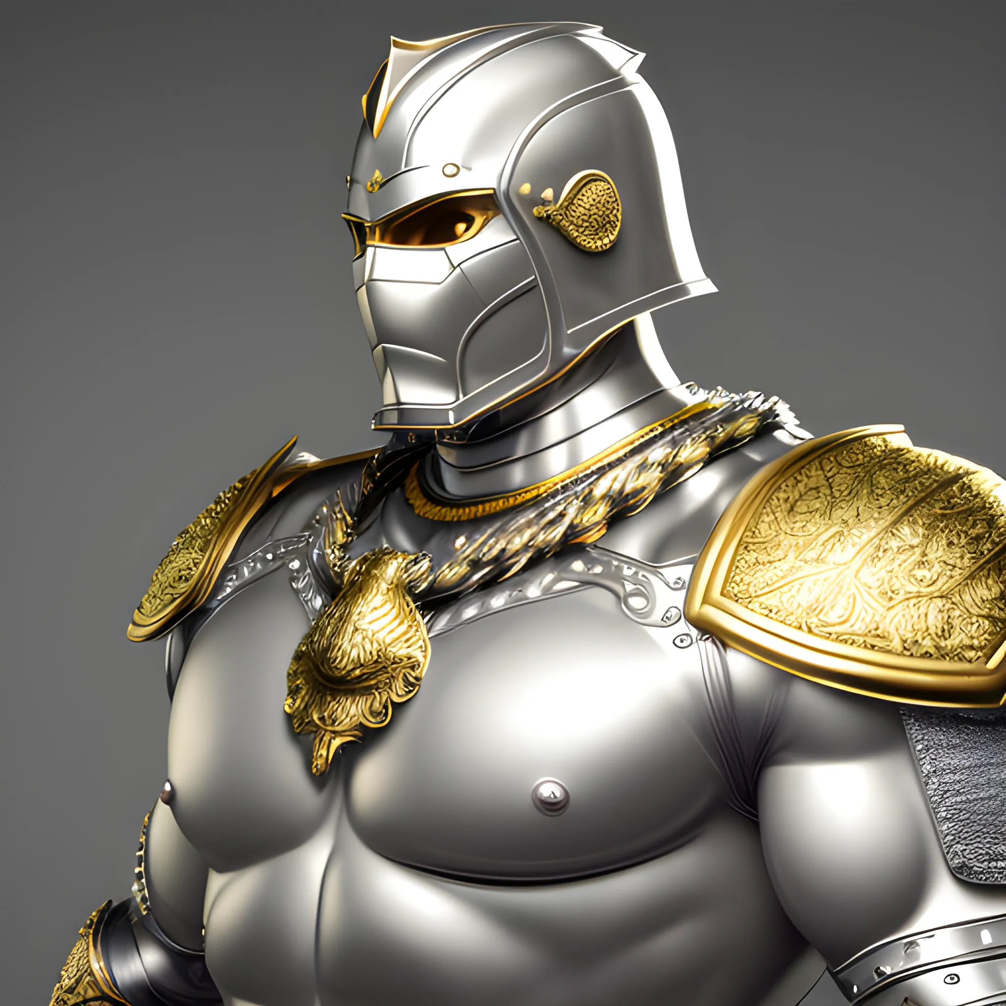 best quality, masterpiece, bulge man, muscular, ultra high res, photorealistic, detailed skin male, (silver armor with golden trims:1.15), (golden armor:1.05), front view, sitting,big pectoral muscles, big crotch, bulging crotch, (high quality), (detailed), (masterpiece), (best quality), (highres), (extremely detailed), (8k), HD, 8k, photography,realism,