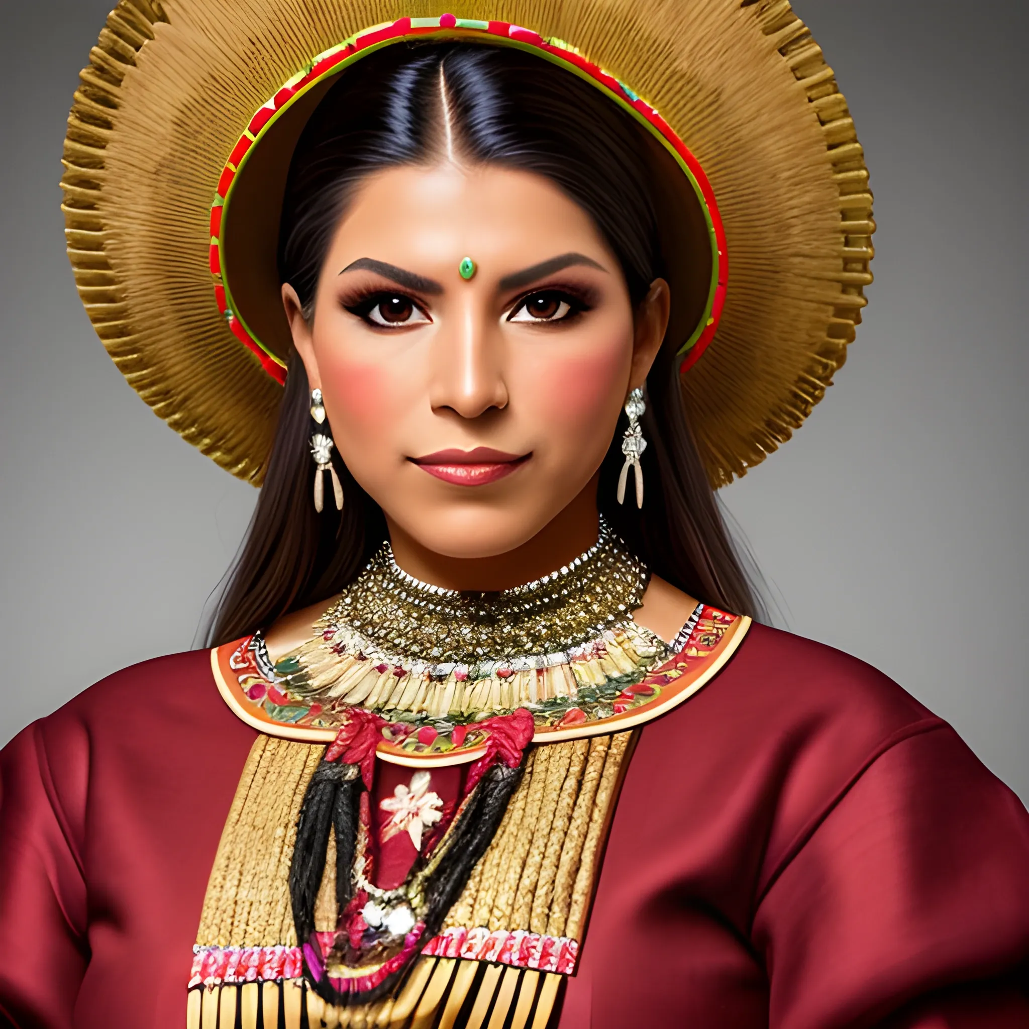 retrato Mujer amerindiana muy bella , vestida de un traje tradicional de mexico en pose estilizada 