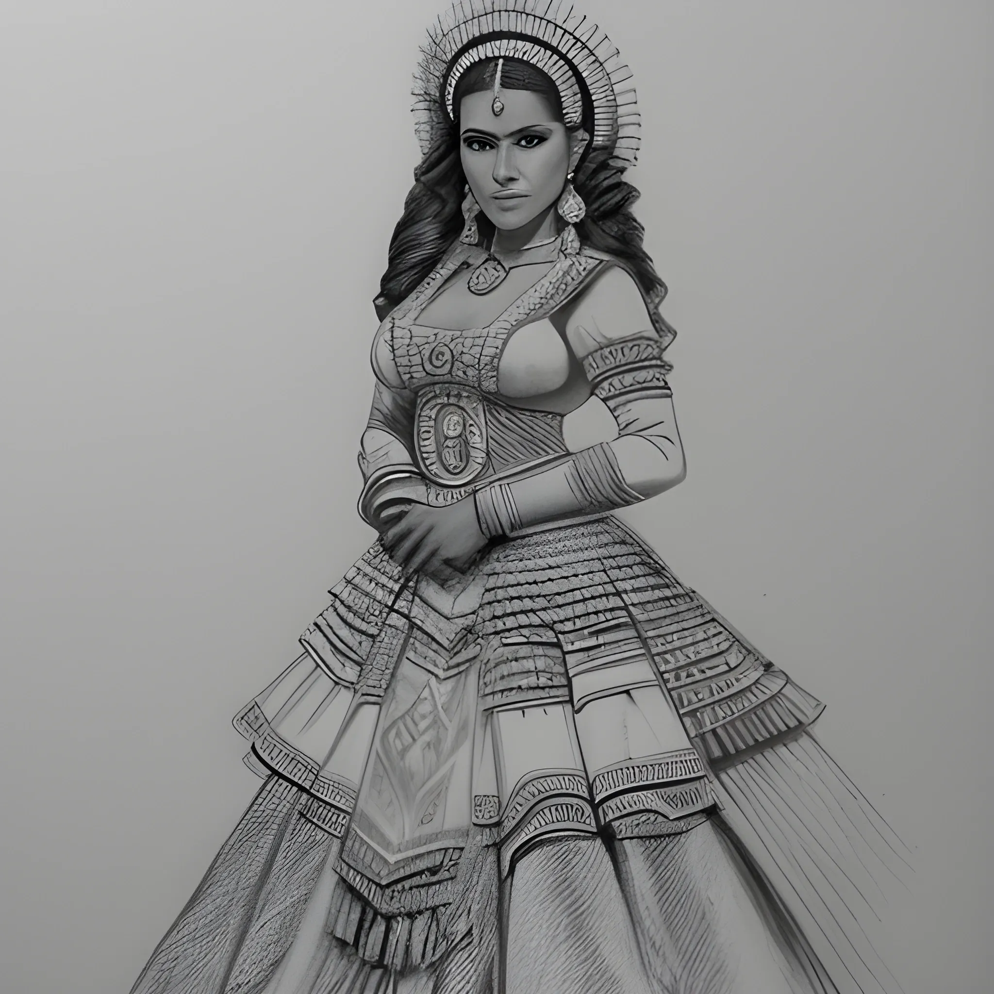 retrato Mujer amerindiana muy bella , vestida de un traje tradicional de mexico en pose estilizada , Pencil Sketch