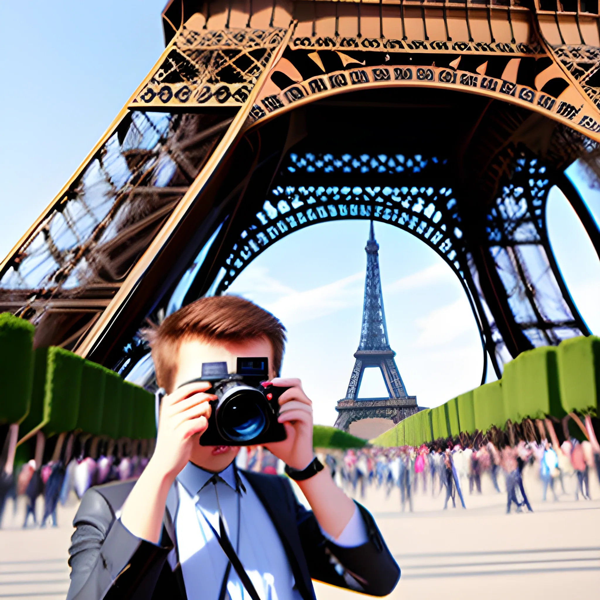 photographer whit his camera near to the eiffel towers whit fashion model, Cartoon