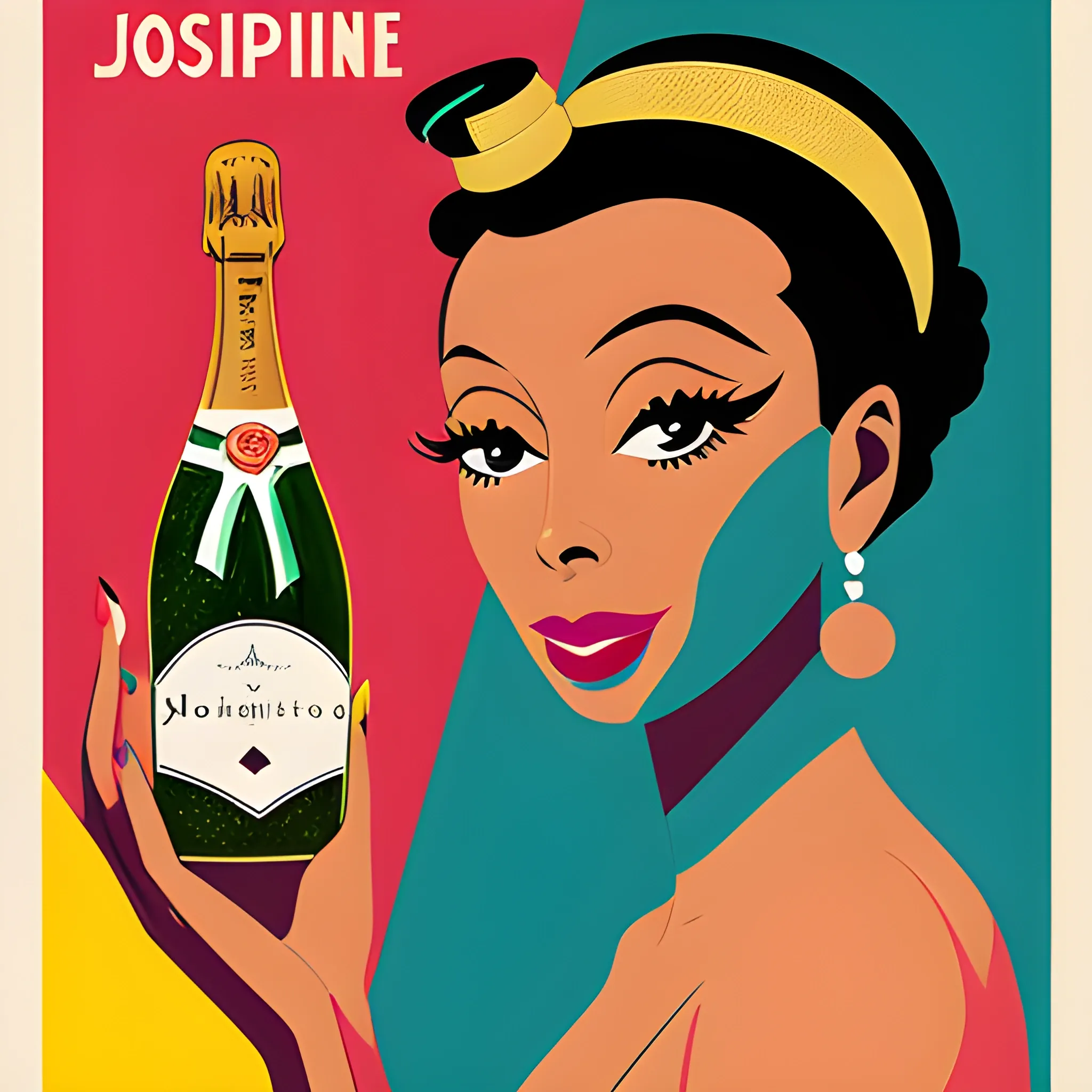 poster to sell a bottle of champagne in the name of Joséphine Baker, 50's editorial color illustration