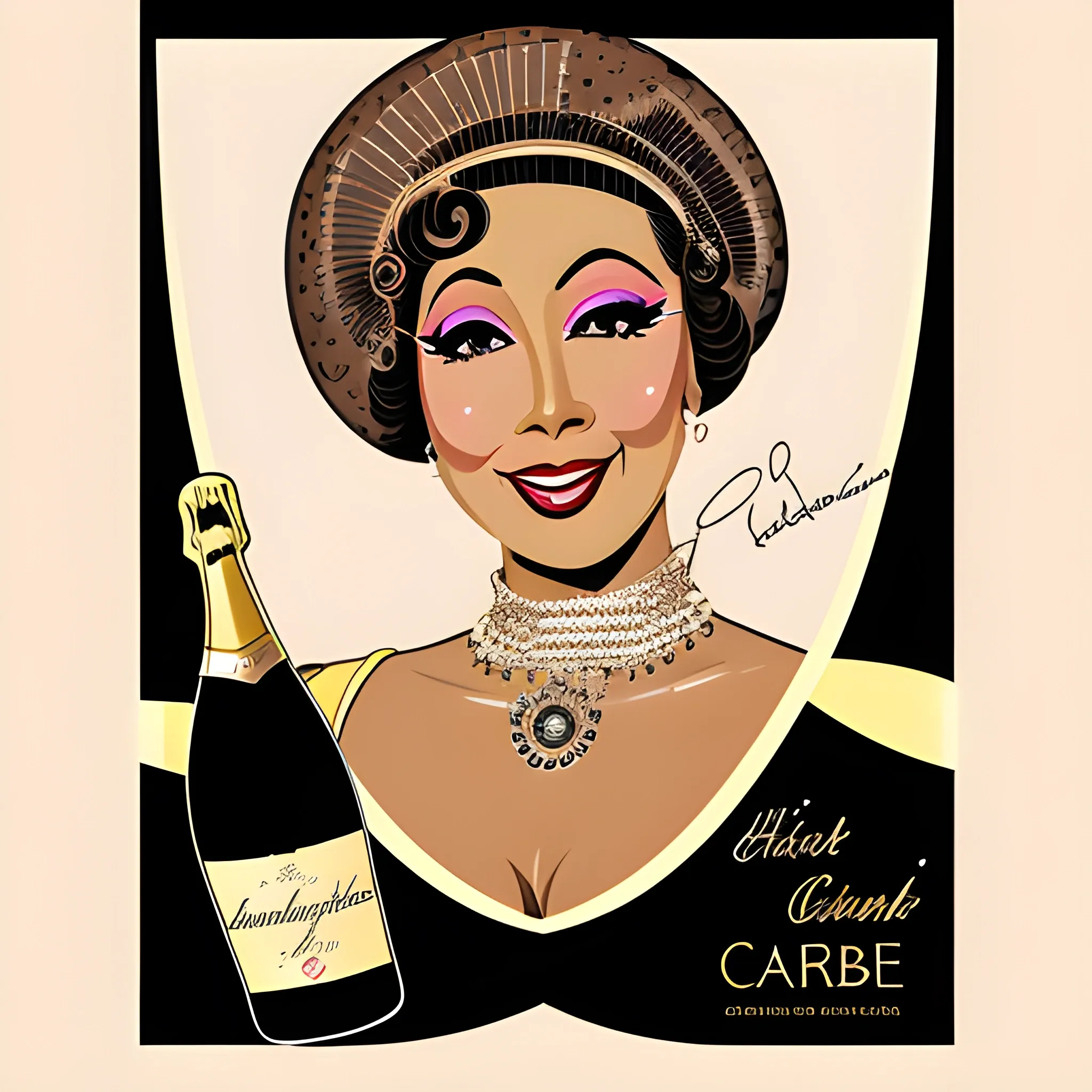 Create a cabaret style poster to sell a bottle of champagne in the name of "Josephine Baker", 60's editorial color illustration, high resolution, Pencil Sketch