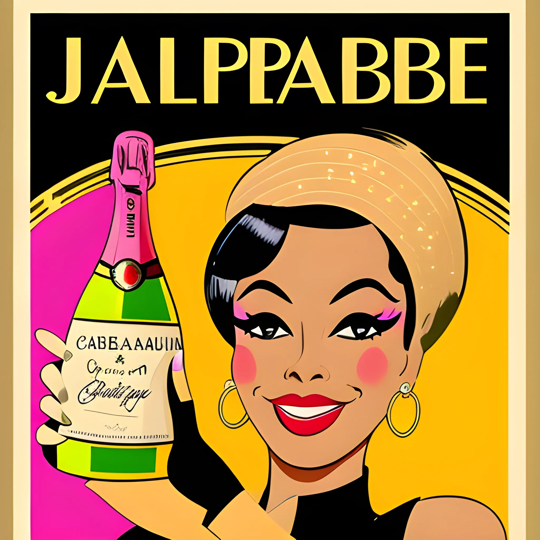 Create a cabaret style poster to sell a bottle of champagne in the name of "Josephine Baker", 60's editorial color illustration, high resolution, Cartoon