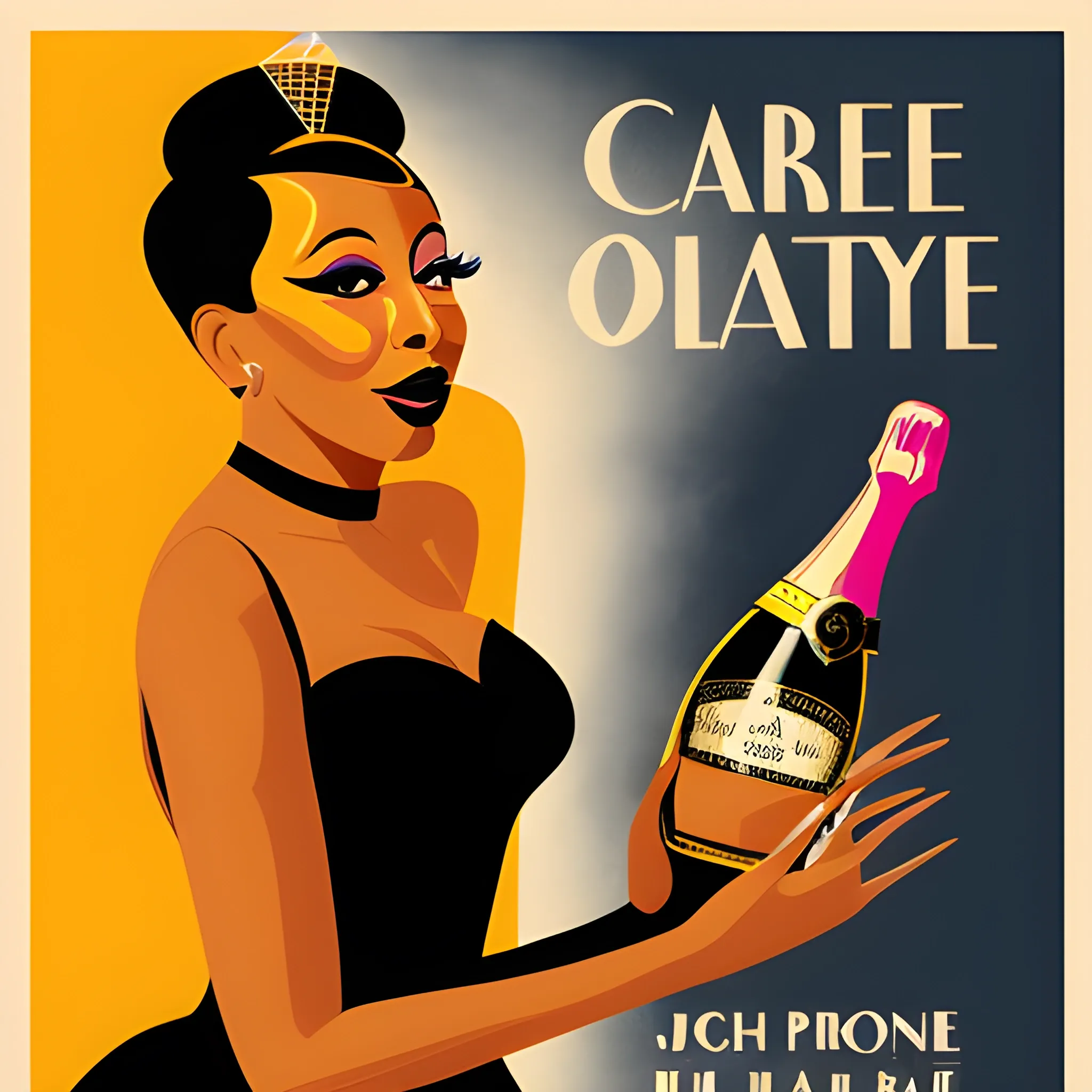 Create a cabaret style poster to sell a bottle of champagne with JOSEPHINE BAKER. 60's editorial color illustration, high resolution, Silhouette, dramatic, artistic, shadowy, Oil Painting