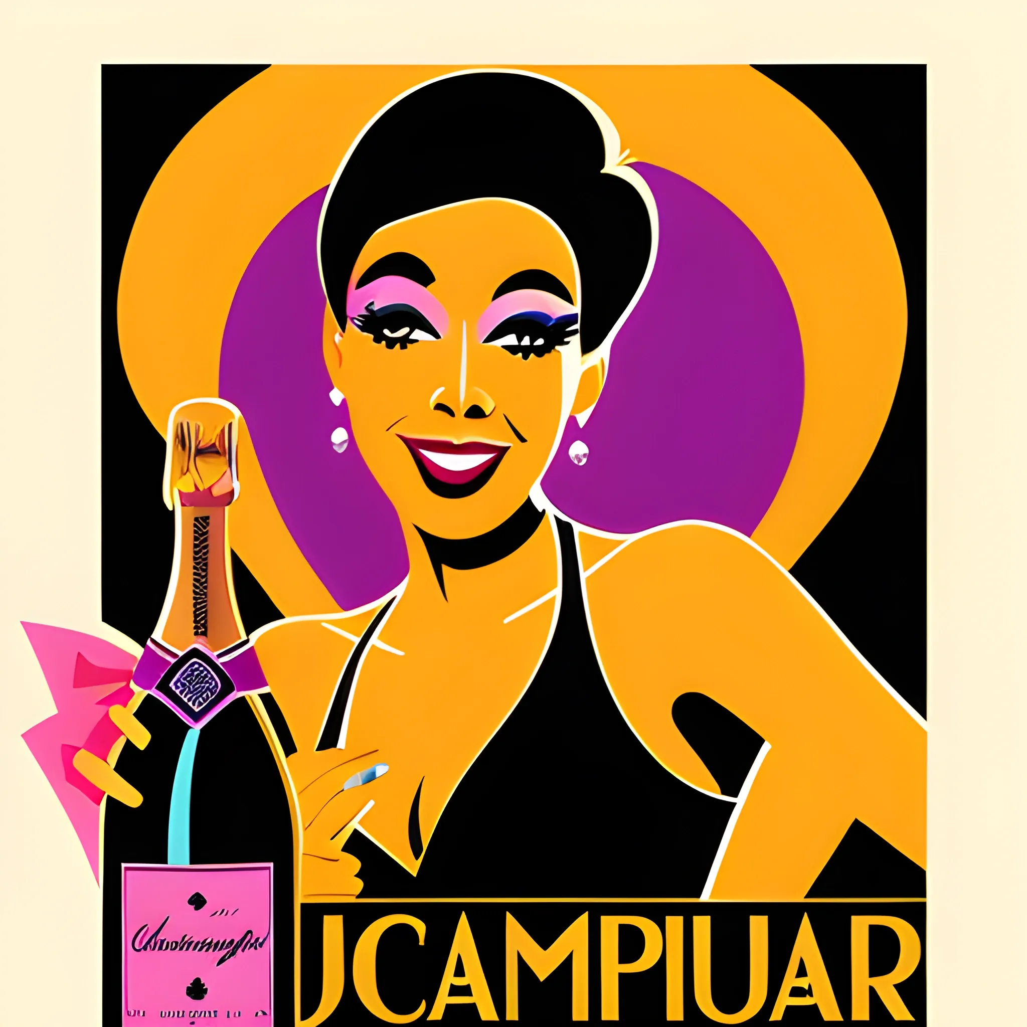 Create a cabaret style poster to sell a bottle of champagne with JOSEPHINE BAKER. 60's editorial color illustration, high resolution, Silhouette, dramatic, artistic, shadowy, Oil Painting