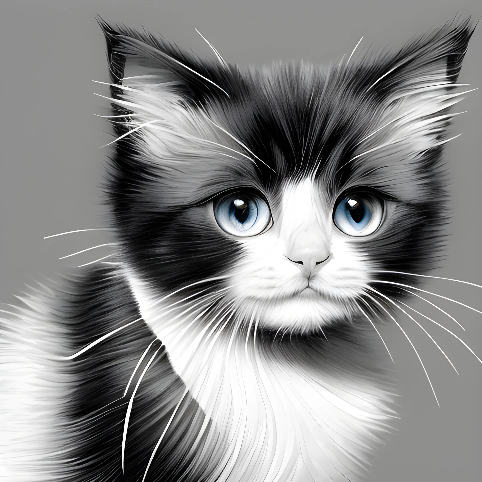 A captivating black and white illustration of a playful ragdoll kitten, with its striking features and piercing eyes, The intricate details of the cat's fur showcasing the artist's exceptional skill. The overall atmosphere of the piece is whimsical, with a touch of elegance., illustration, Oil Painting, Pencil Sketch, Pencil Sketch