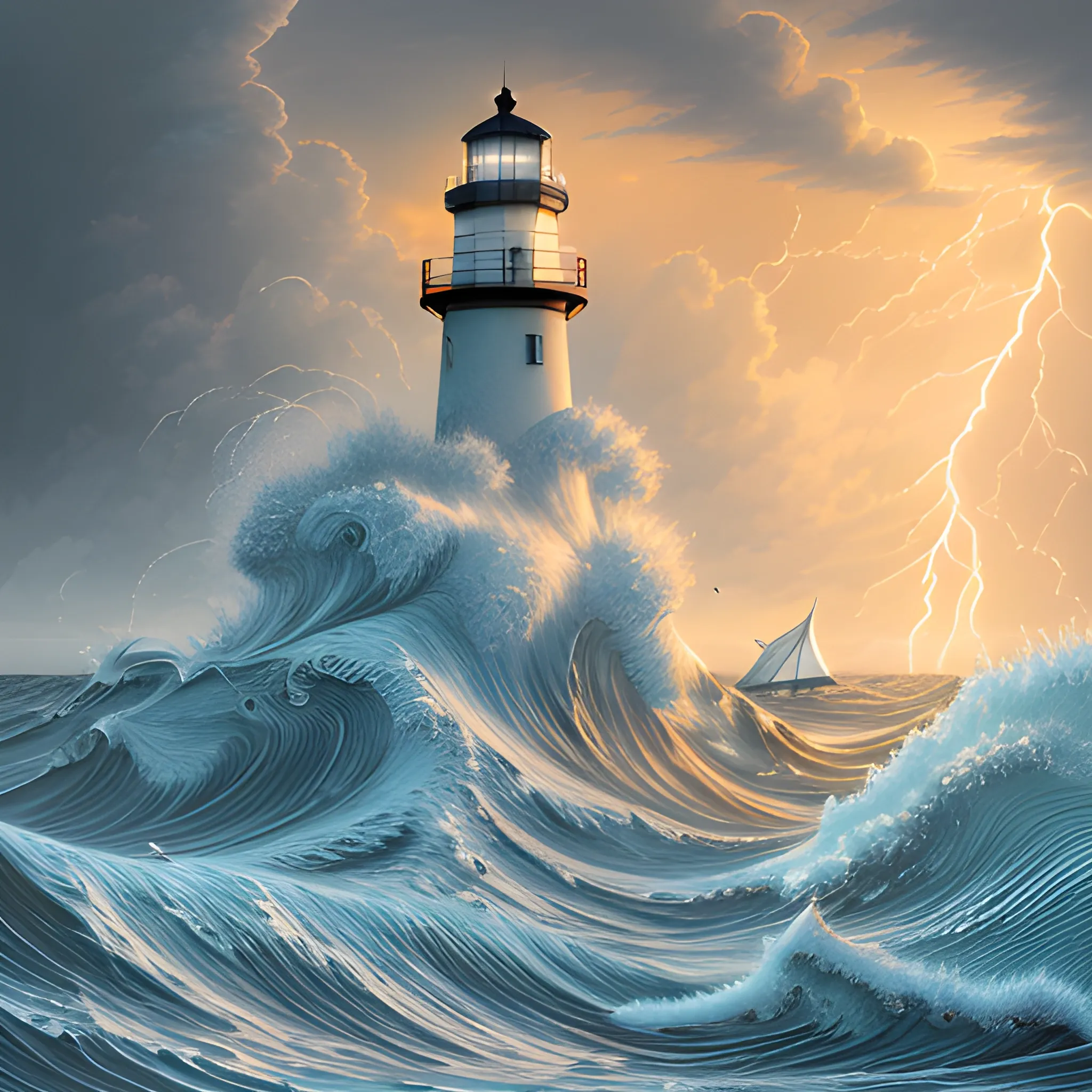 Highly detailed illustration of the beautiful lighthouse in an extraordinary and surreal scene in a chaotic seascape, high waves of vast waves colliding with realistic wildness in the background, a boat is being tossed around, lightning and swirls of wind in a sky that enhances the drama of the storm, shining sun turns the clouds yellow and orange, Pencil Sketch