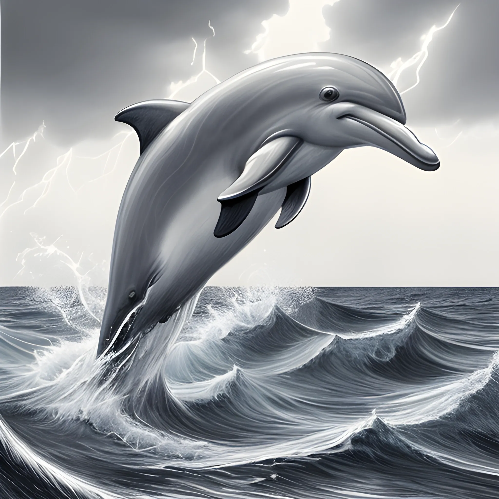 Highly detailed illustration of dolphin in an extraordinary and surreal scene in a chaotic seascape, high waves of vast waves colliding with realistic wildness in the background, a boat is being tossed around, lightning and swirls of wind in a sky that enhances the drama of the storm, Pencil Sketch