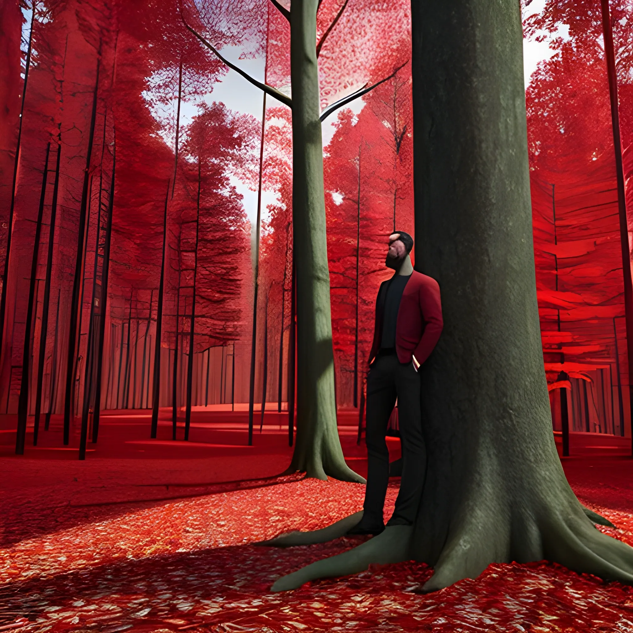 a beautiful but crimson-colored forest, in the distance a young man leaning in a tree, , 3D