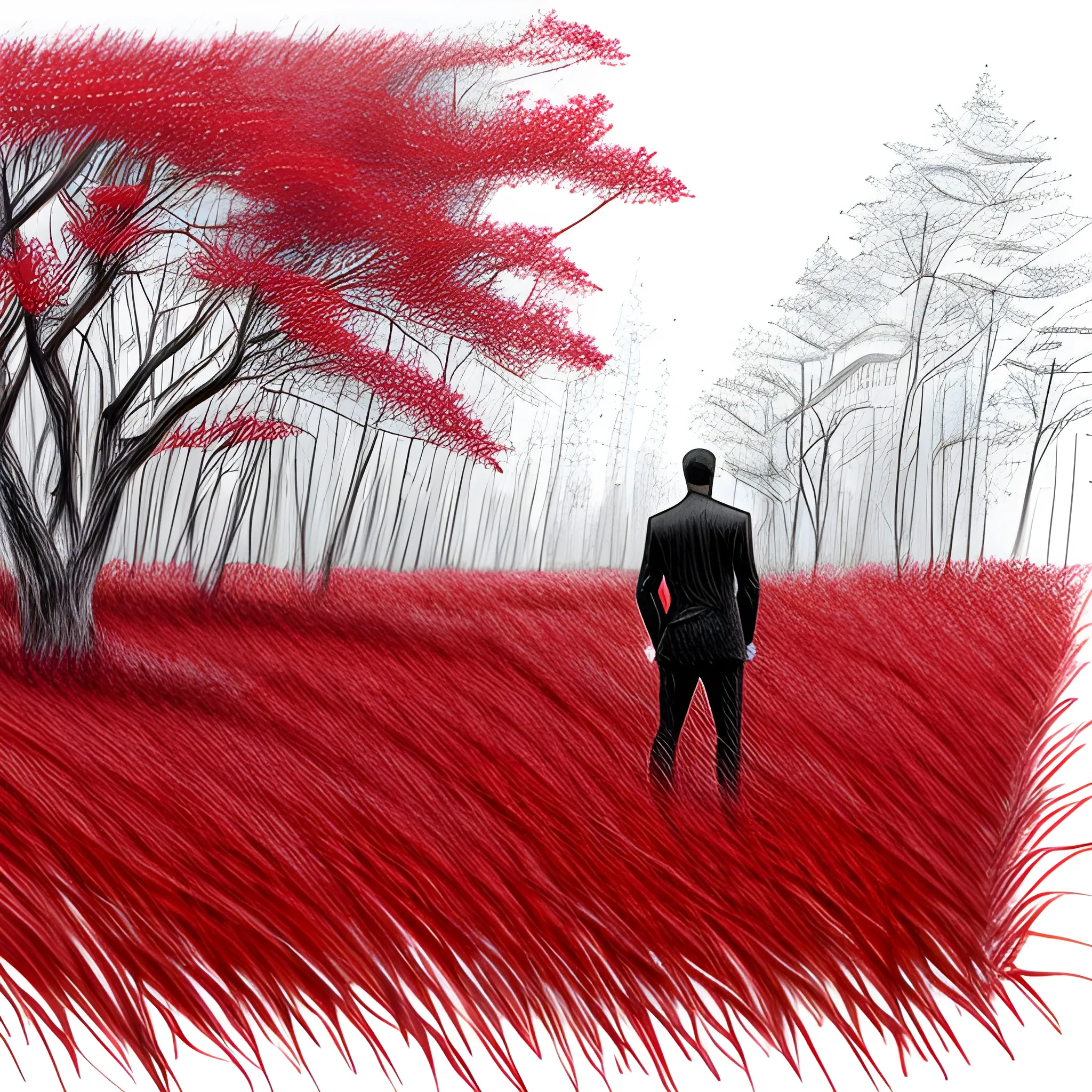 a beautiful forest, with grass, bushes, but all crimson, in the distance a young man leaning against a tree, Pencil Sketch